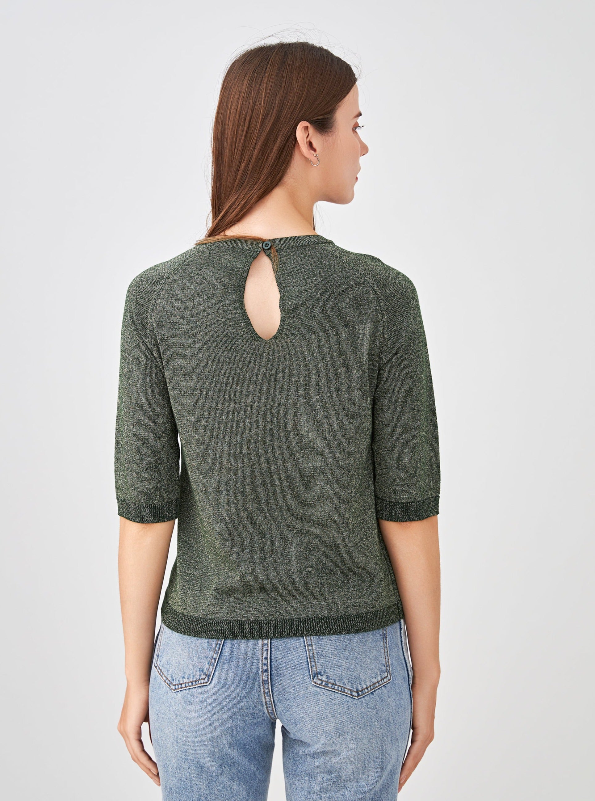 Pull col encolure ronde lurex, manches raglan aux coudes