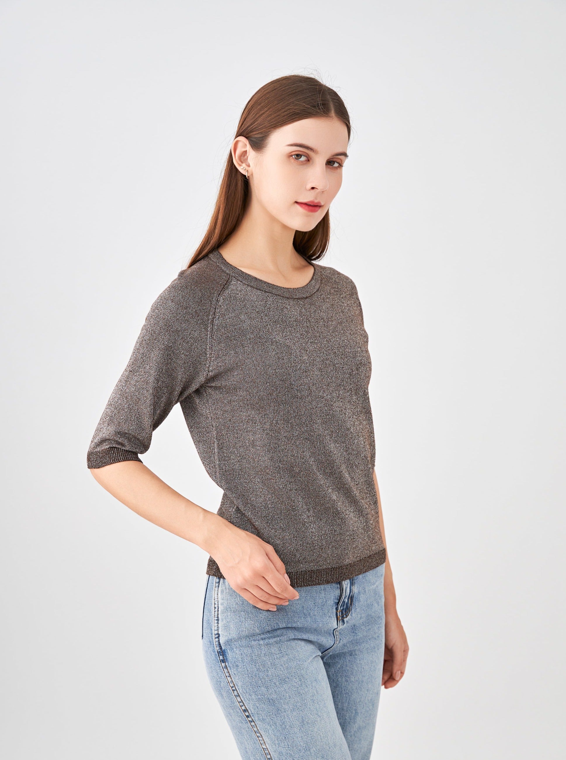 Pull col encolure ronde lurex, manches raglan aux coudes