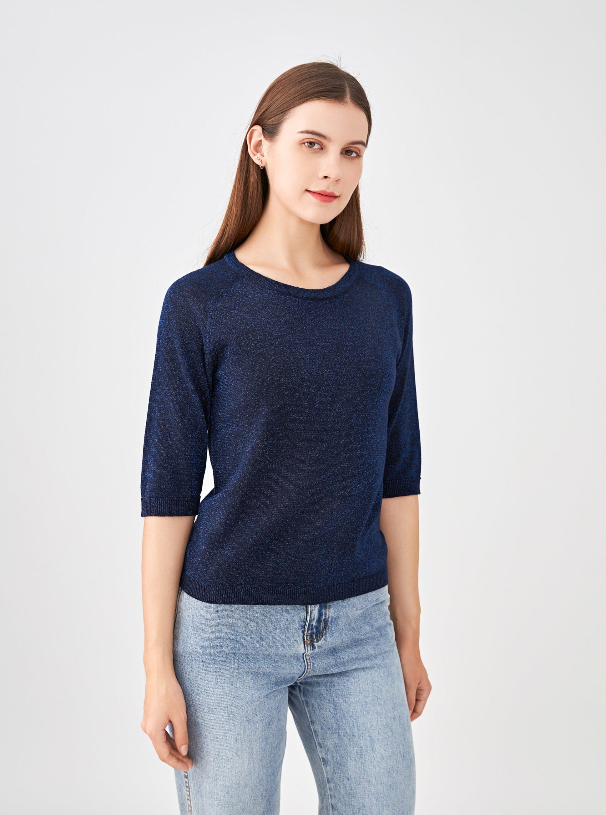 Pull col encolure ronde lurex, manches raglan aux coudes