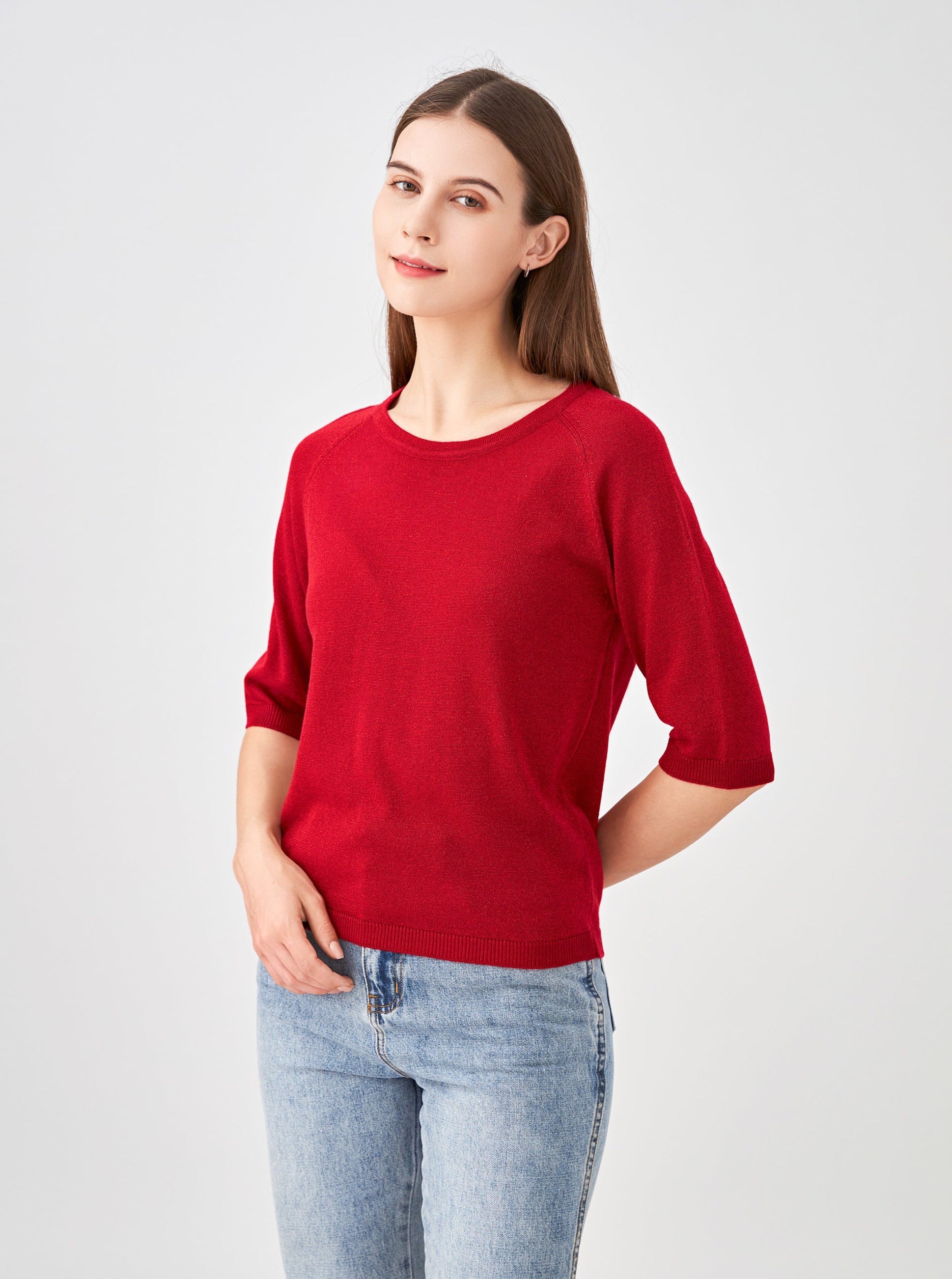Pull col encolure ronde lurex, manches raglan aux coudes