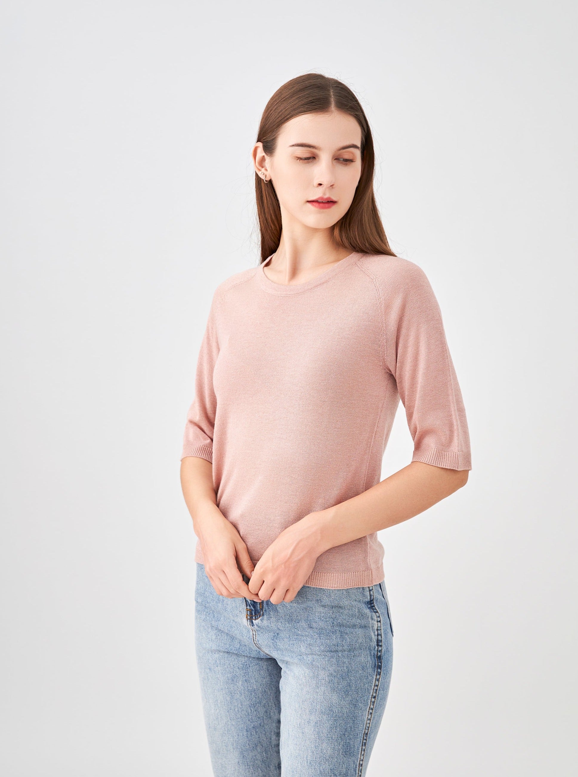 Pull col encolure ronde lurex, manches raglan aux coudes