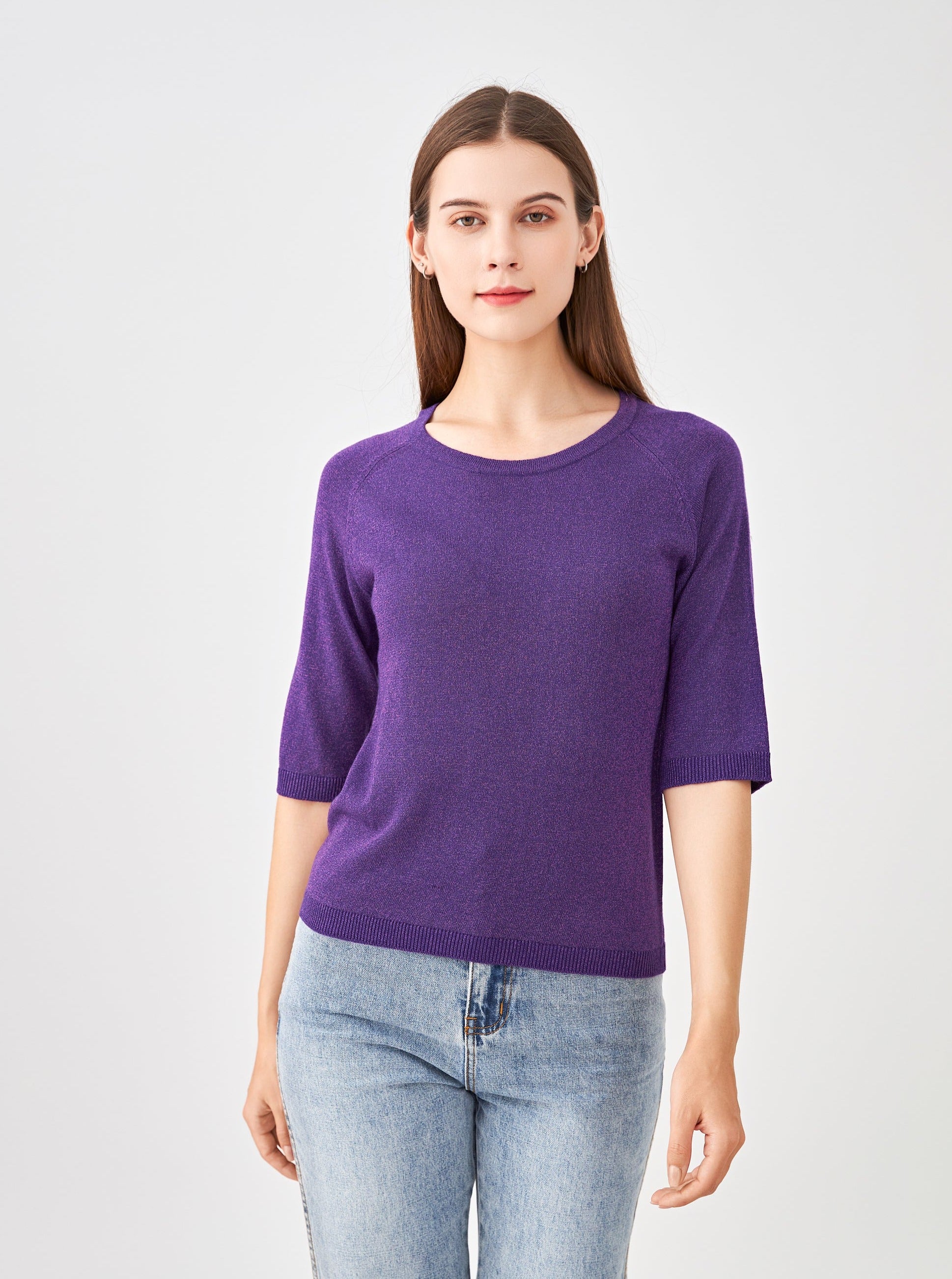 Pull col encolure ronde lurex, manches raglan aux coudes