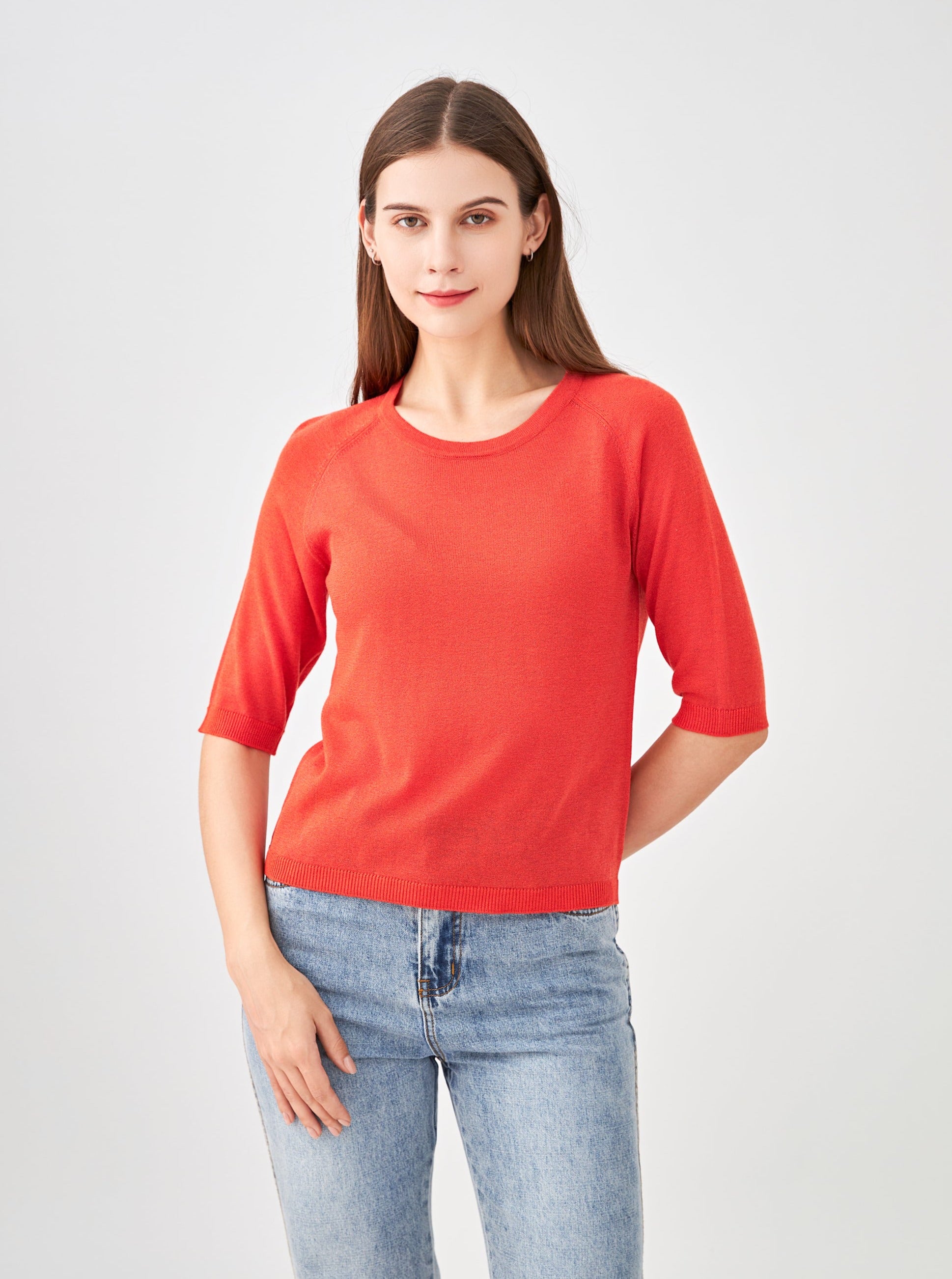 Pull col encolure ronde lurex, manches raglan aux coudes