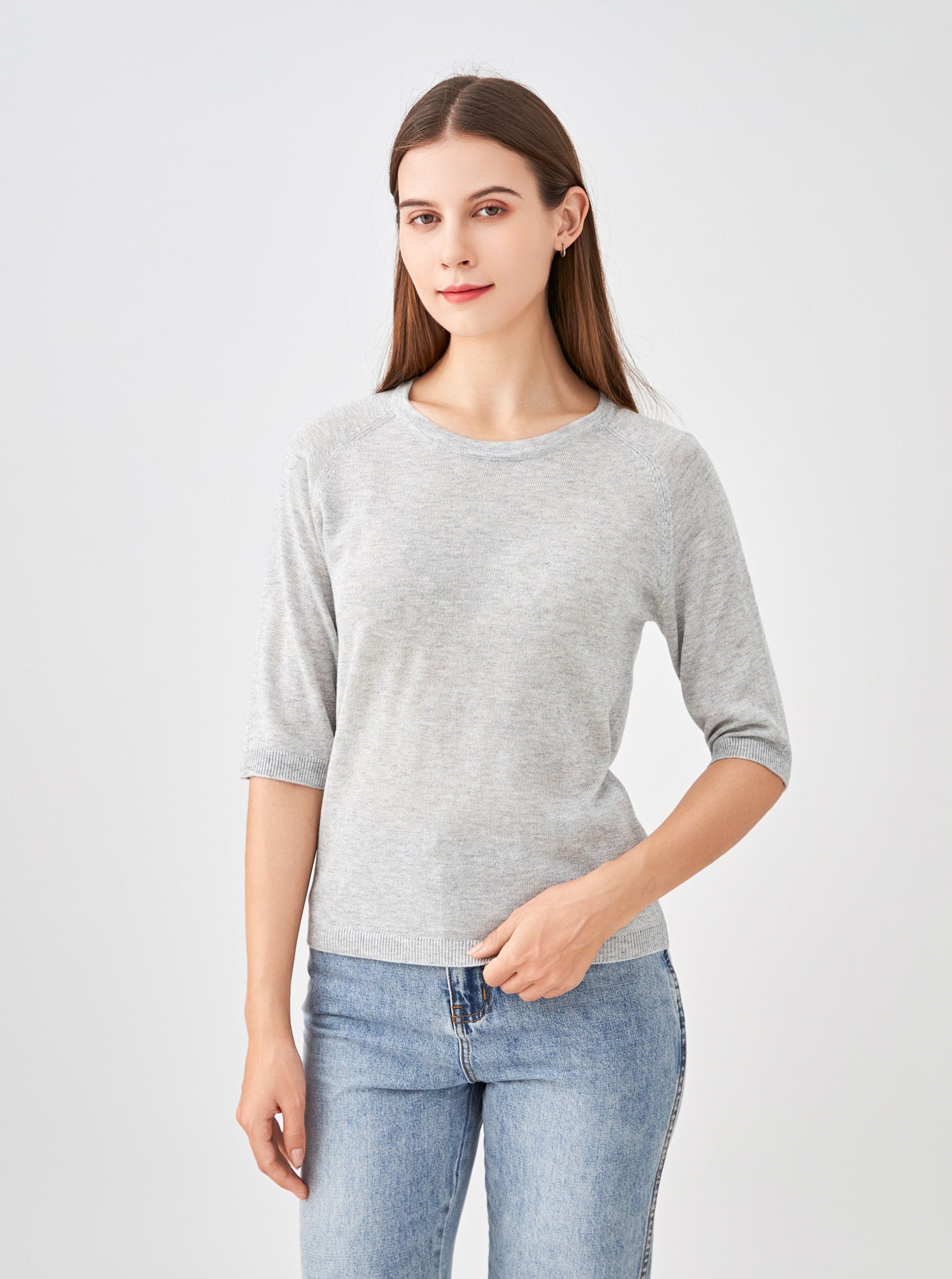 Pull col encolure ronde lurex, manches raglan aux coudes