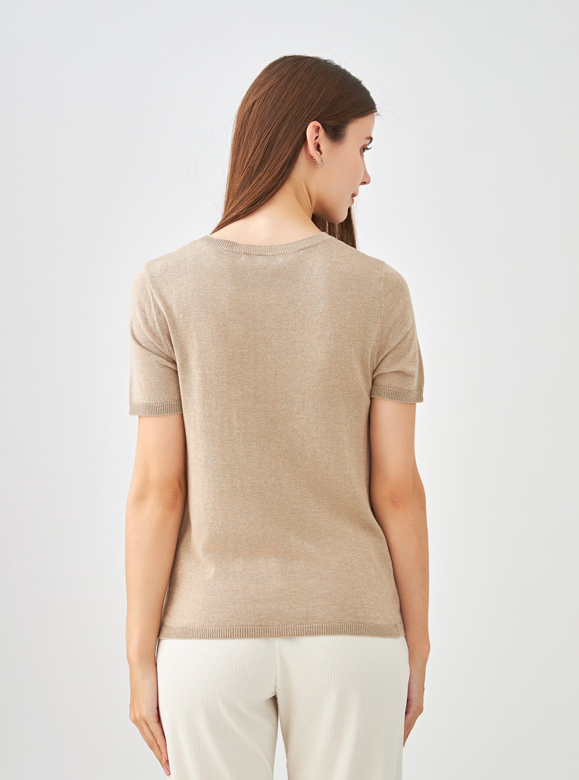Pull col rond manches courtes en soie et cachemire