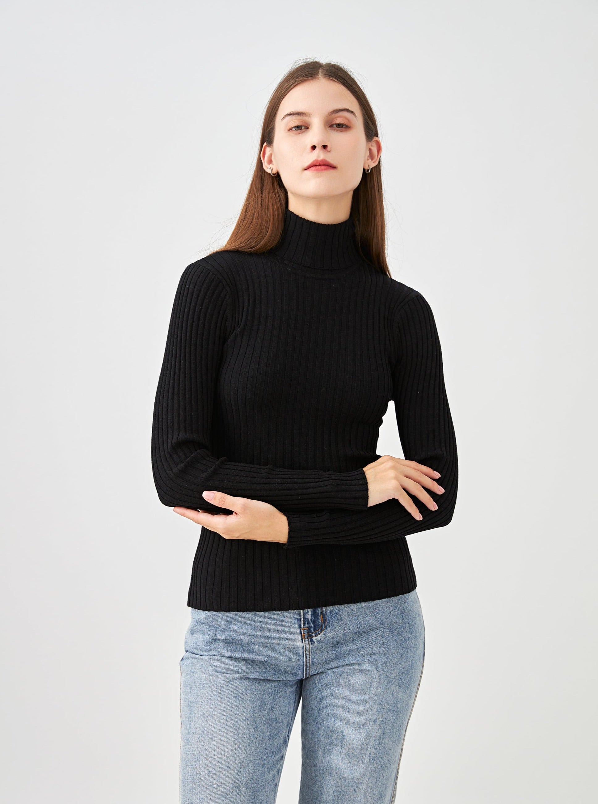 Pull col roulé côtelé en soie stretch