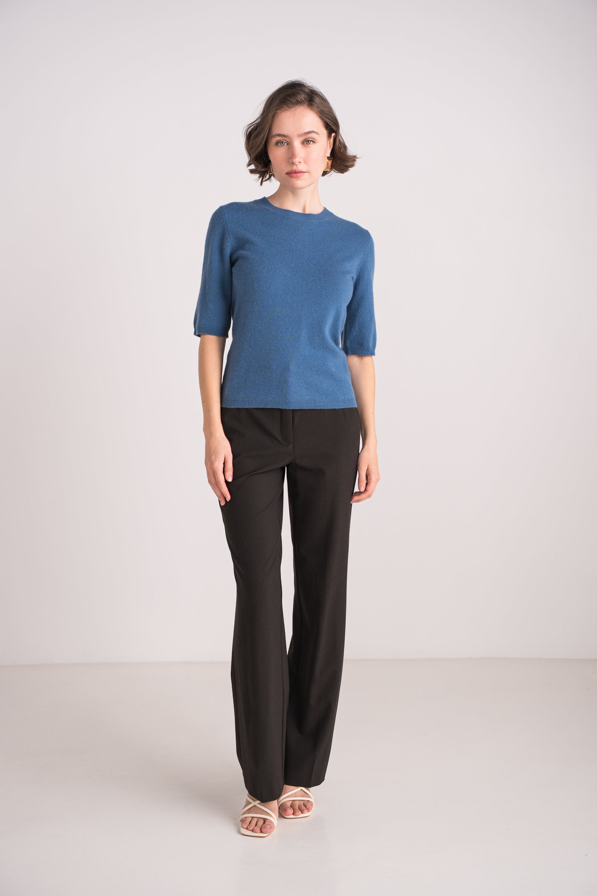 Pull col rond manches aux coudes en cachemire