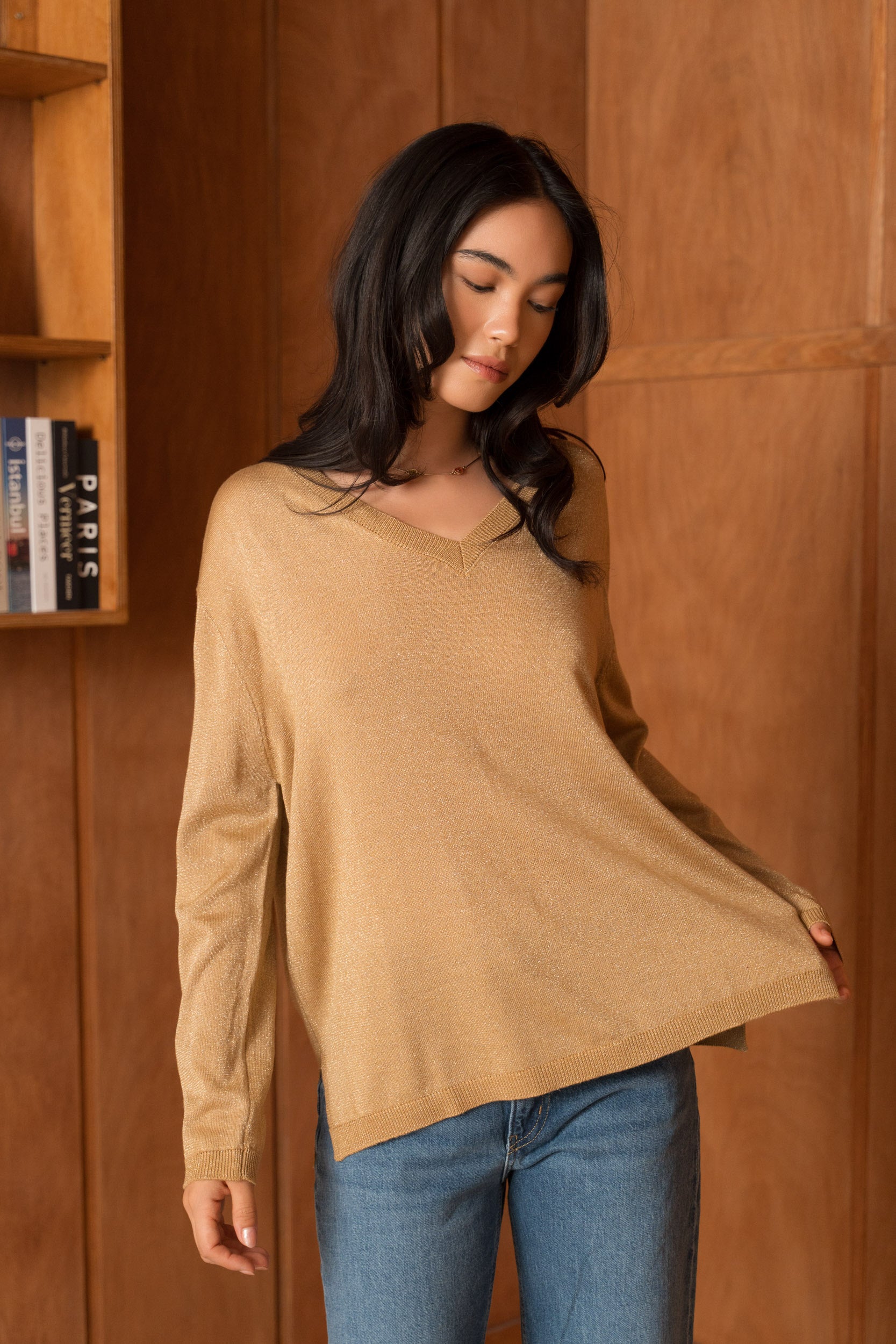 Pull lurex & cachemire col V oversize