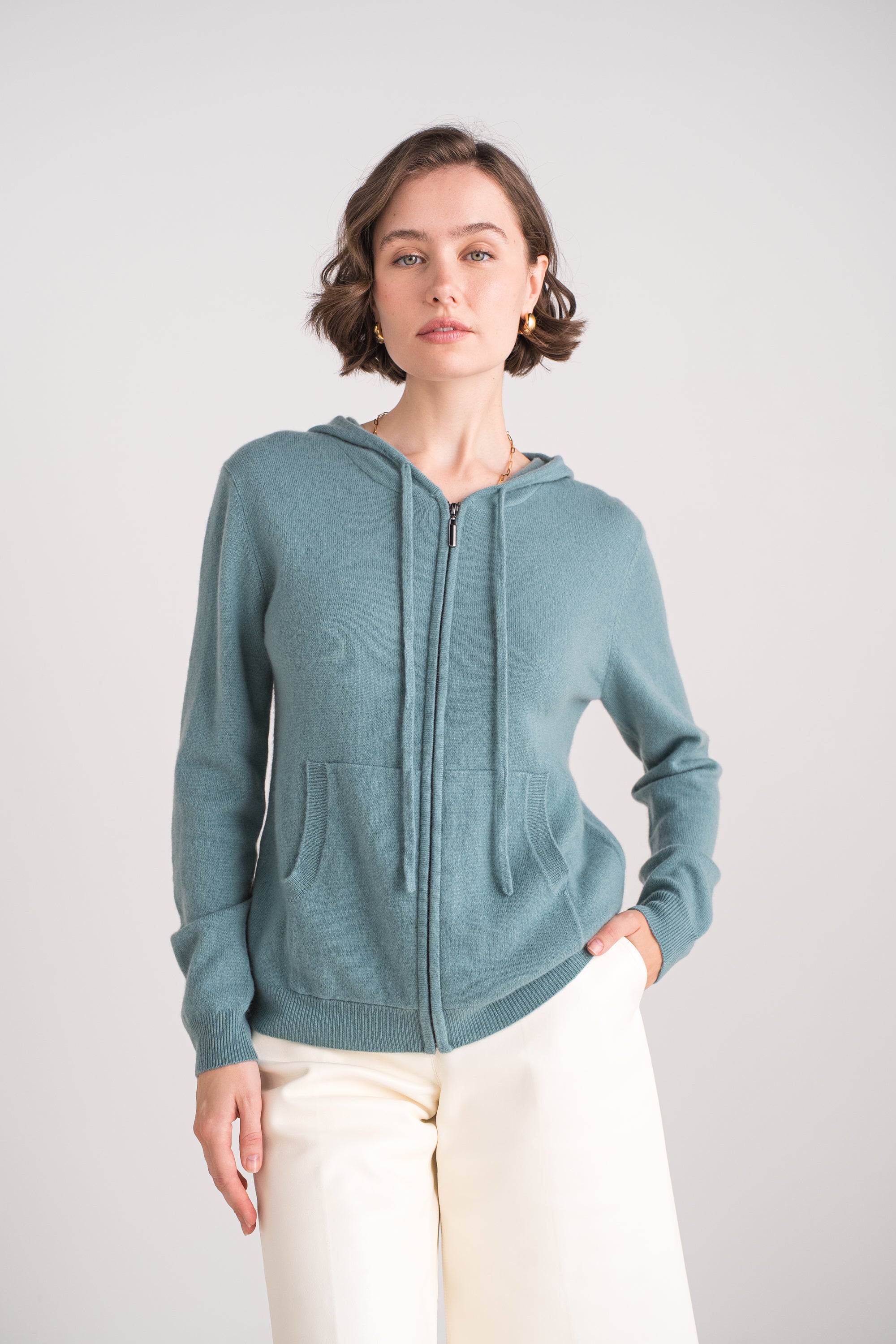 Gilet zippé à capuche en cachemire