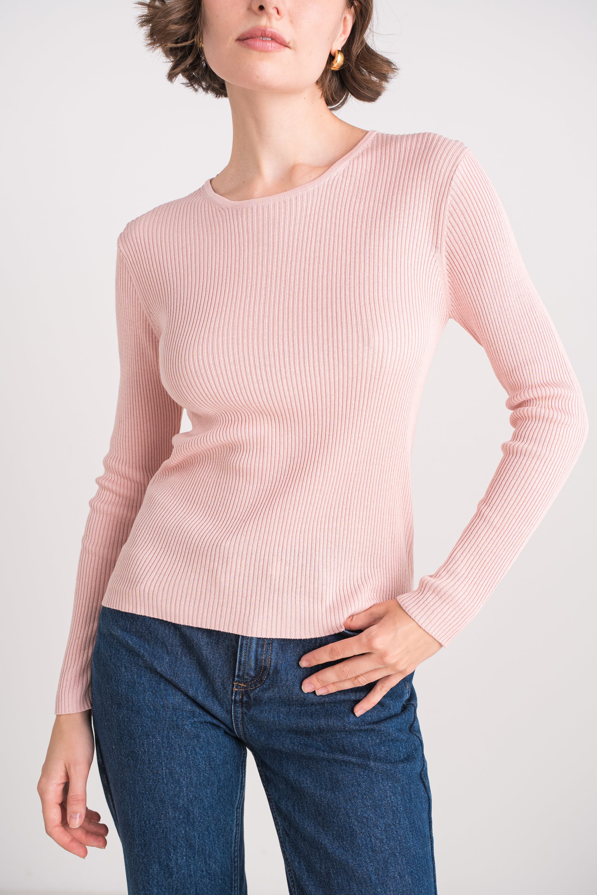 Pull col rond côtelé en soie