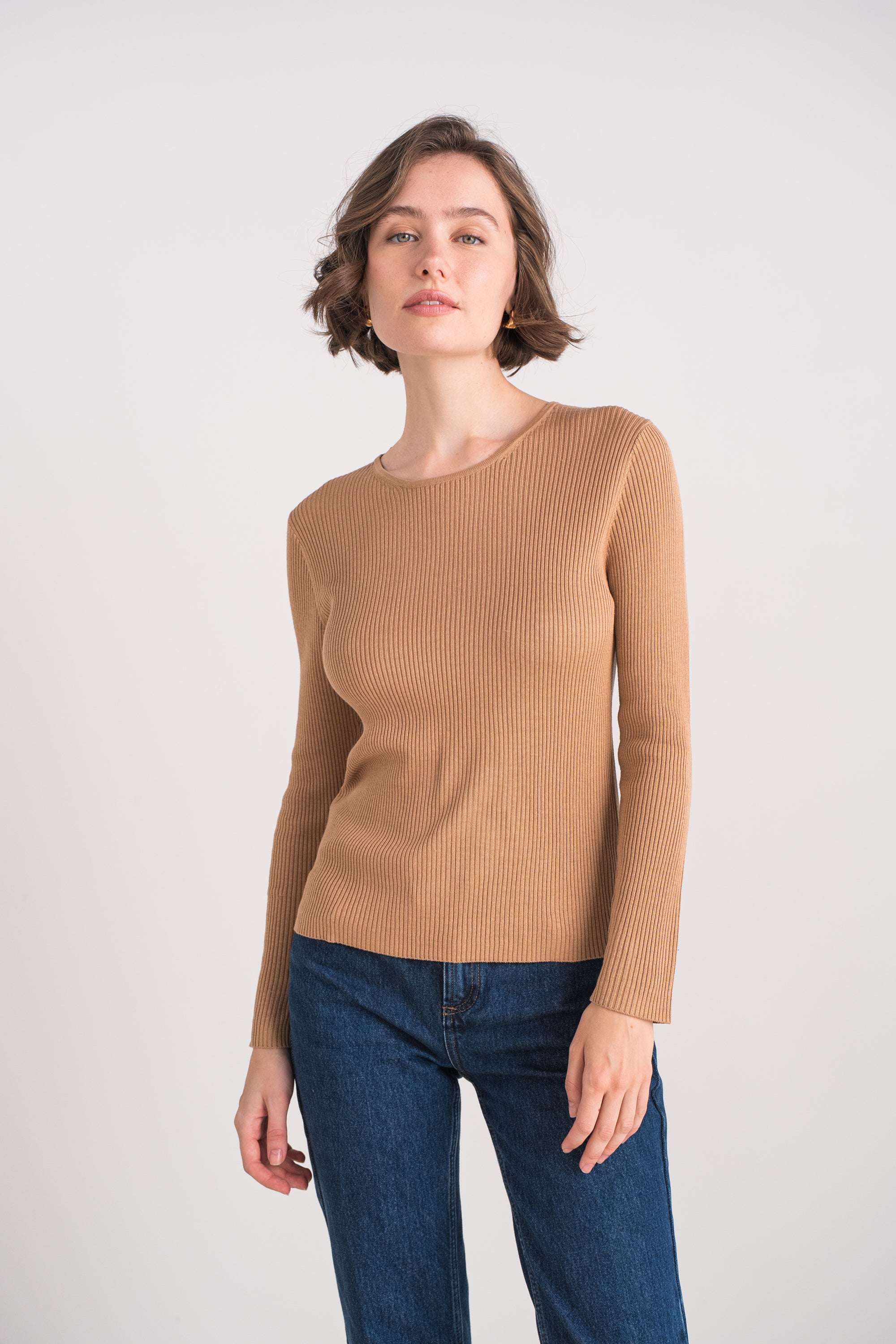 Pull col rond côtelé en soie