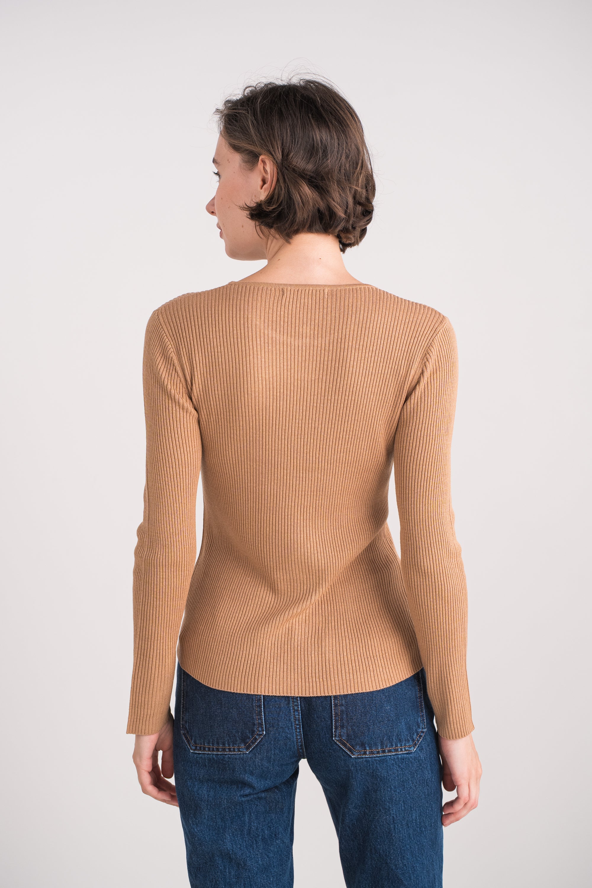 Pull col rond côtelé en soie