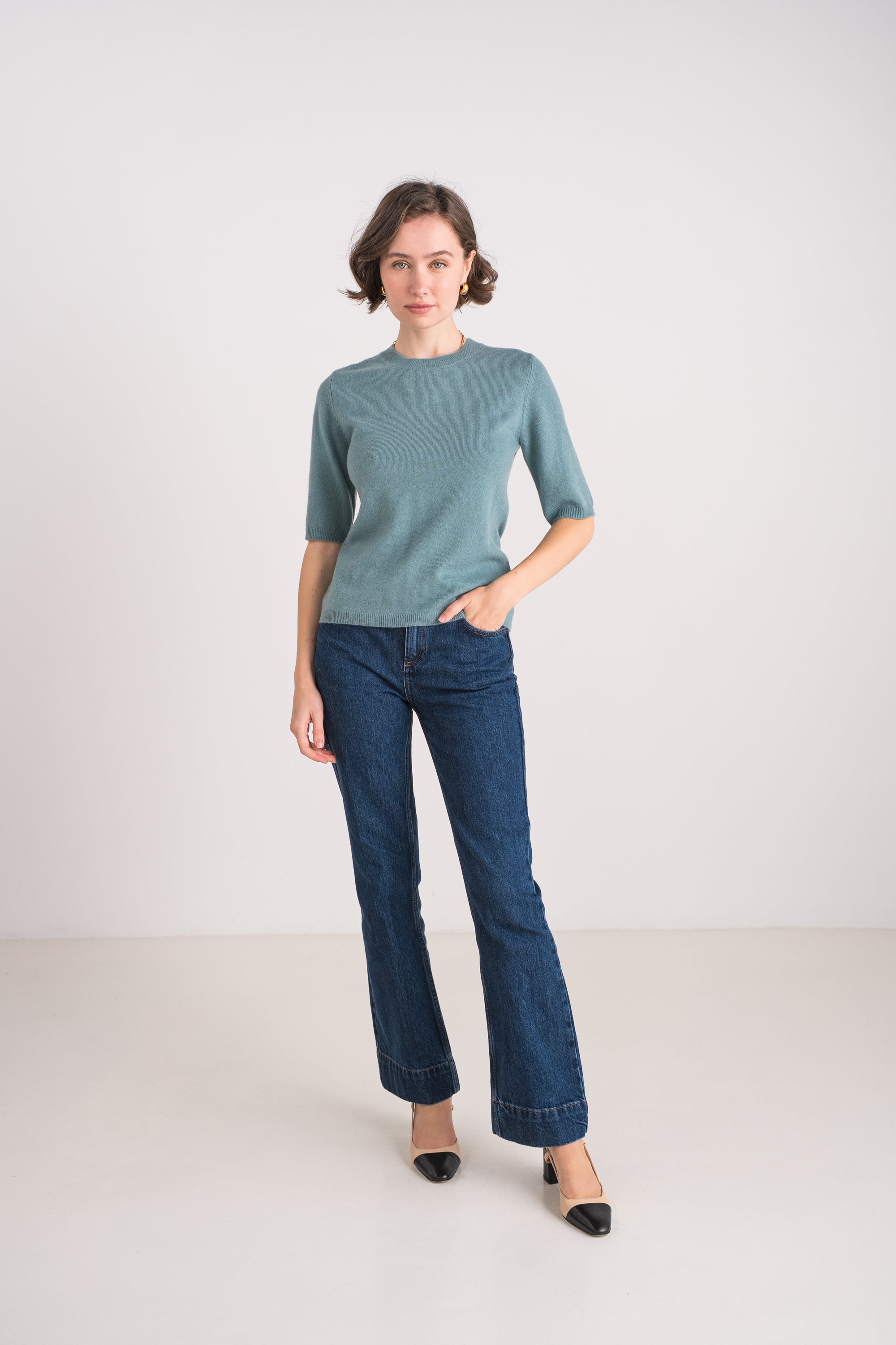 Pull col rond manches aux coudes en cachemire