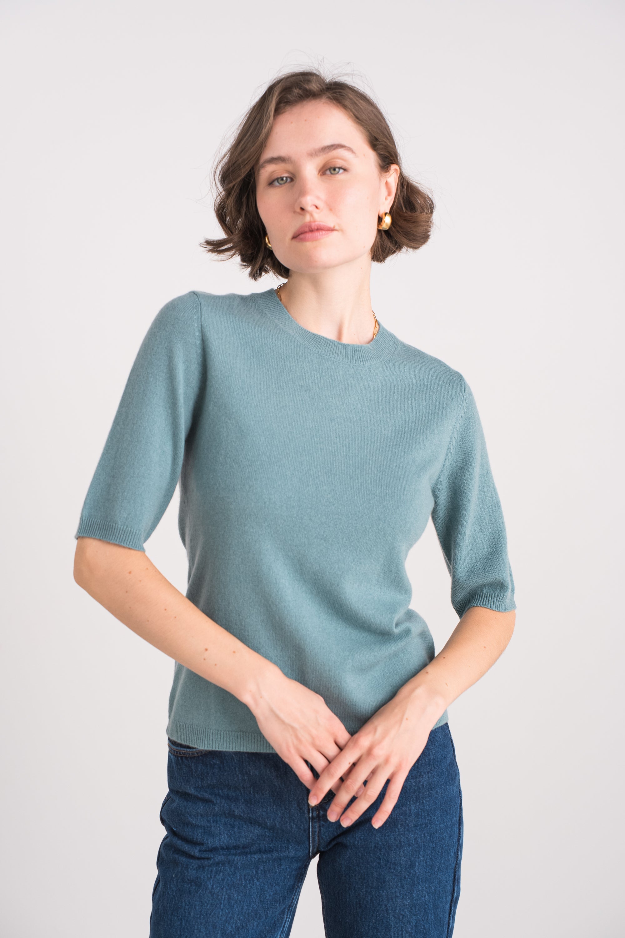 Pull col rond manches aux coudes en cachemire