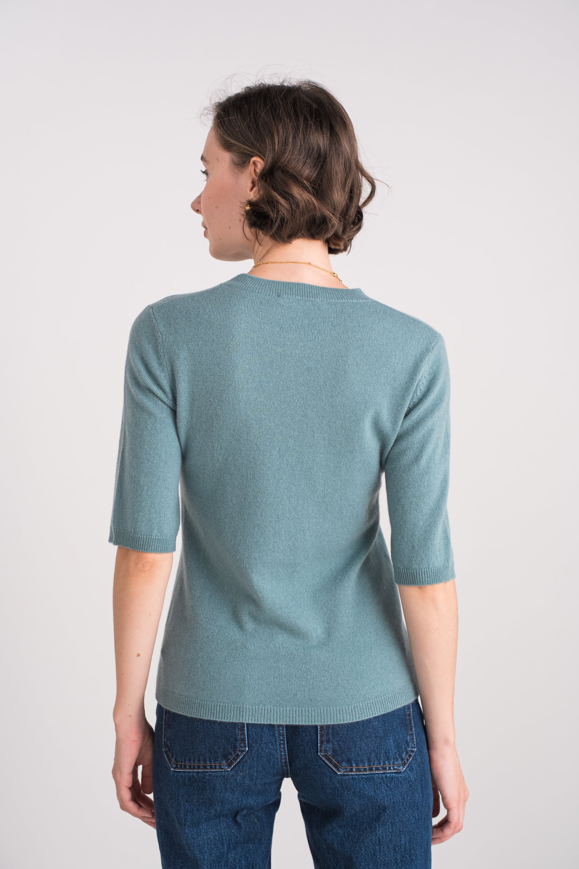 Pull col rond manches aux coudes en cachemire