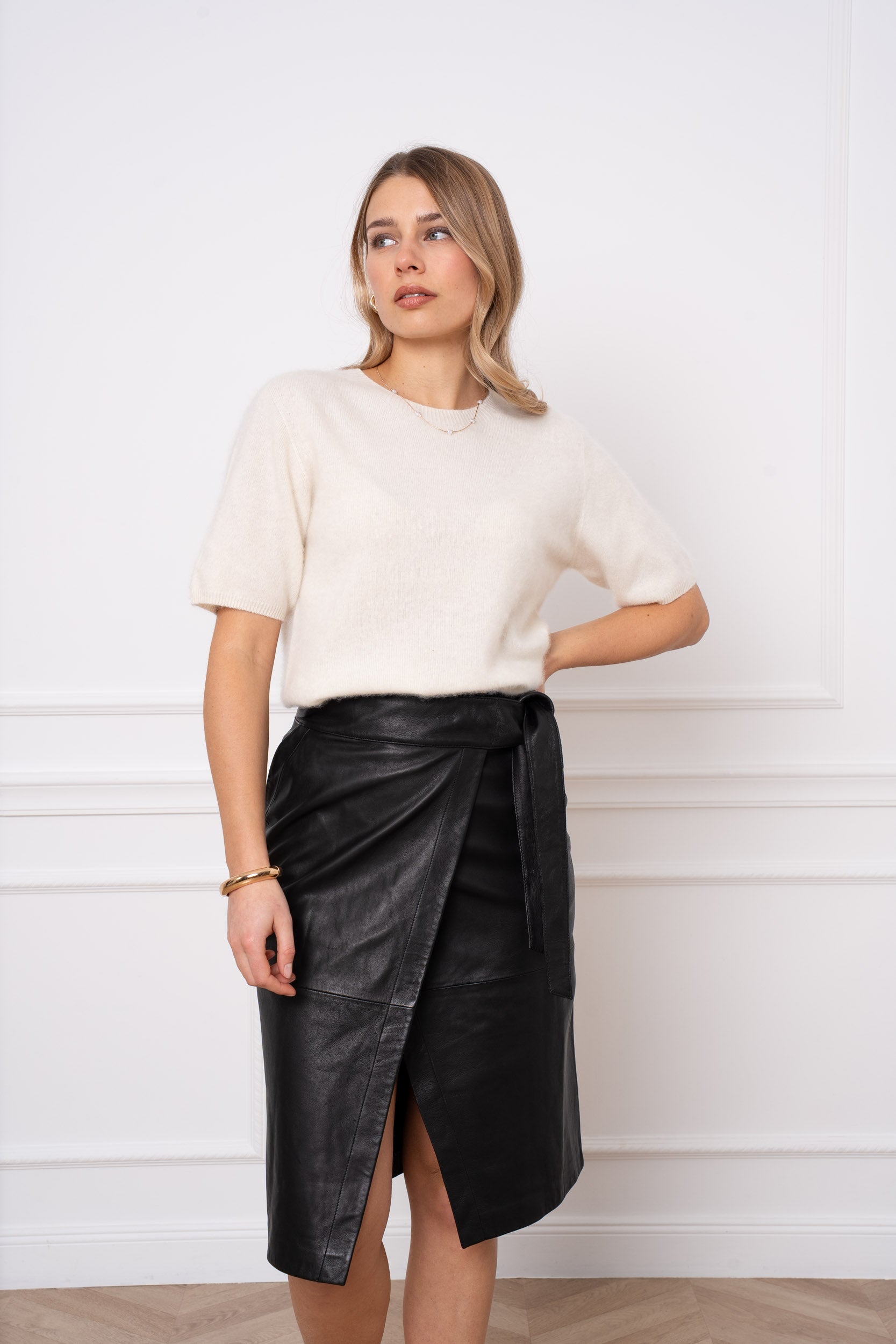 Pull laine & cachemire brossé col rond manches courtes