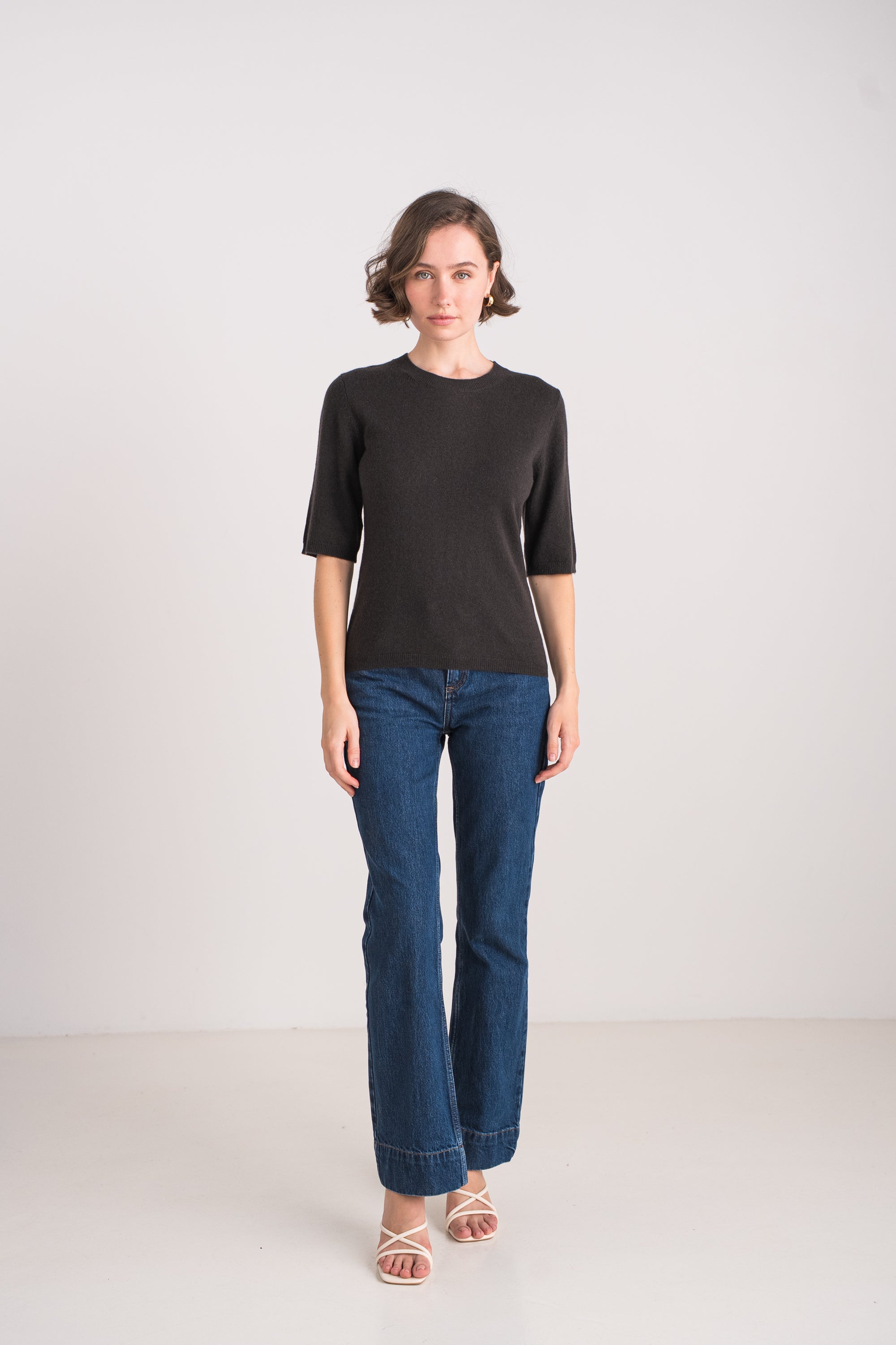 Pull col rond manches aux coudes en cachemire