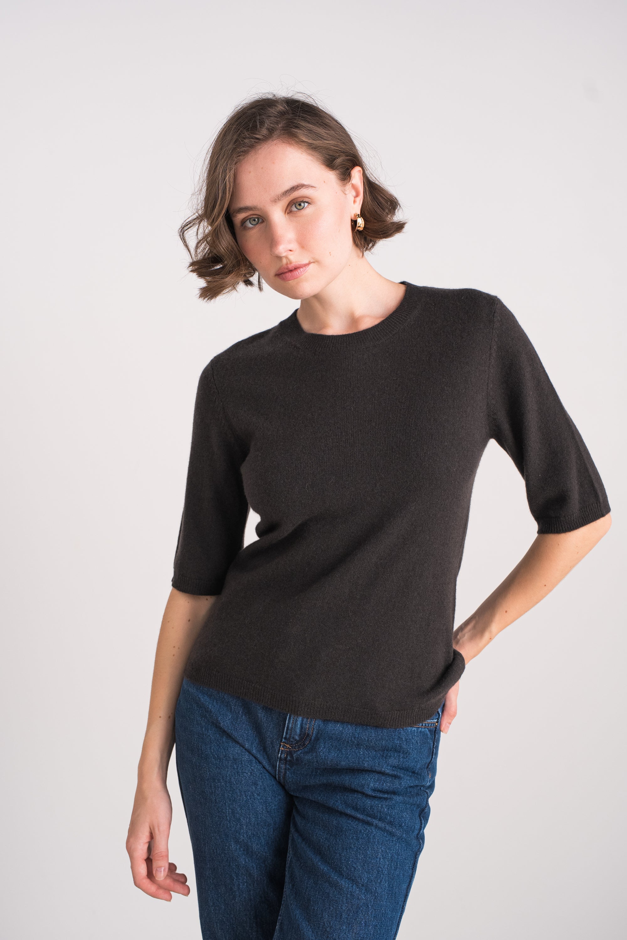 Pull col rond manches aux coudes en cachemire