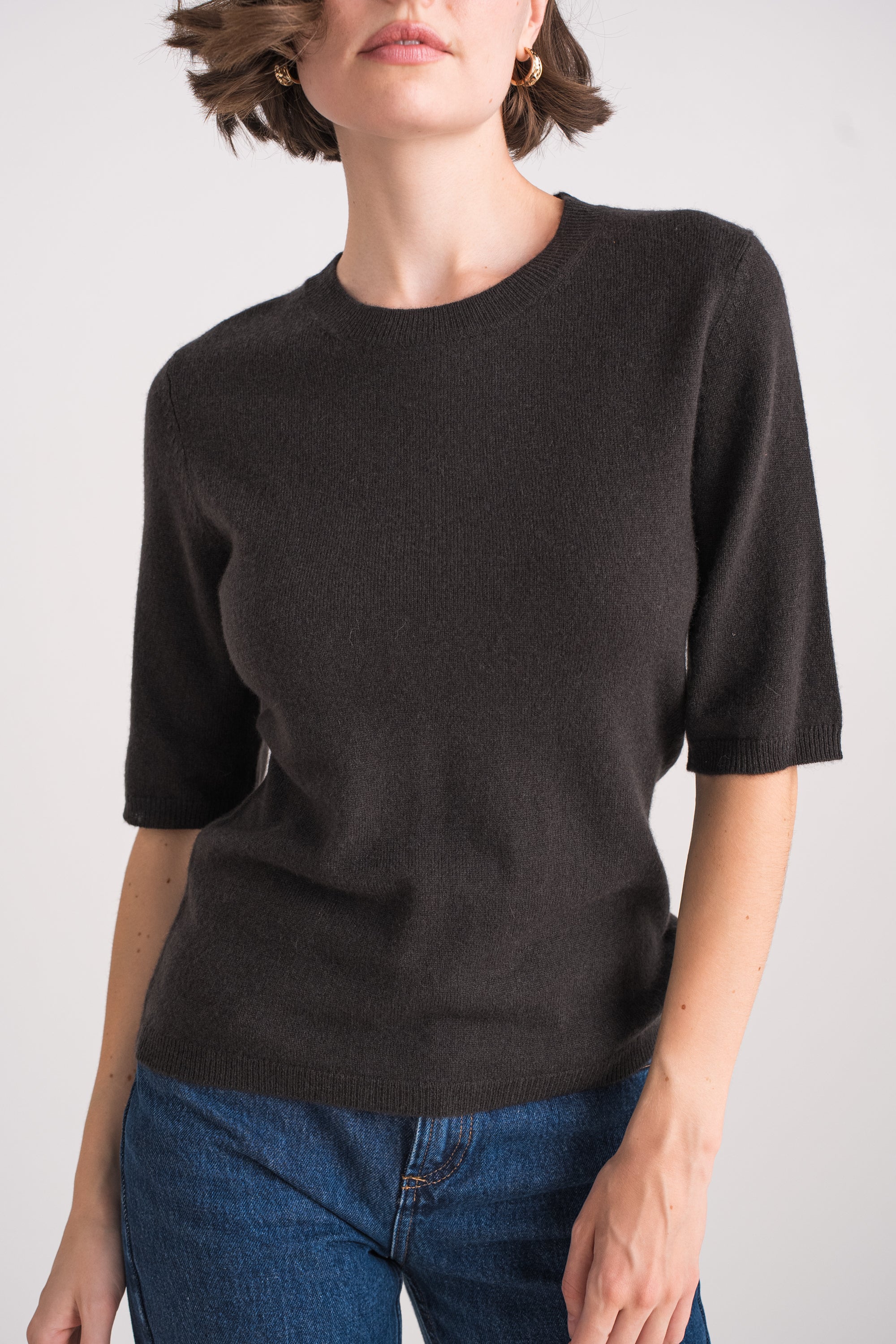 Pull col rond manches aux coudes en cachemire