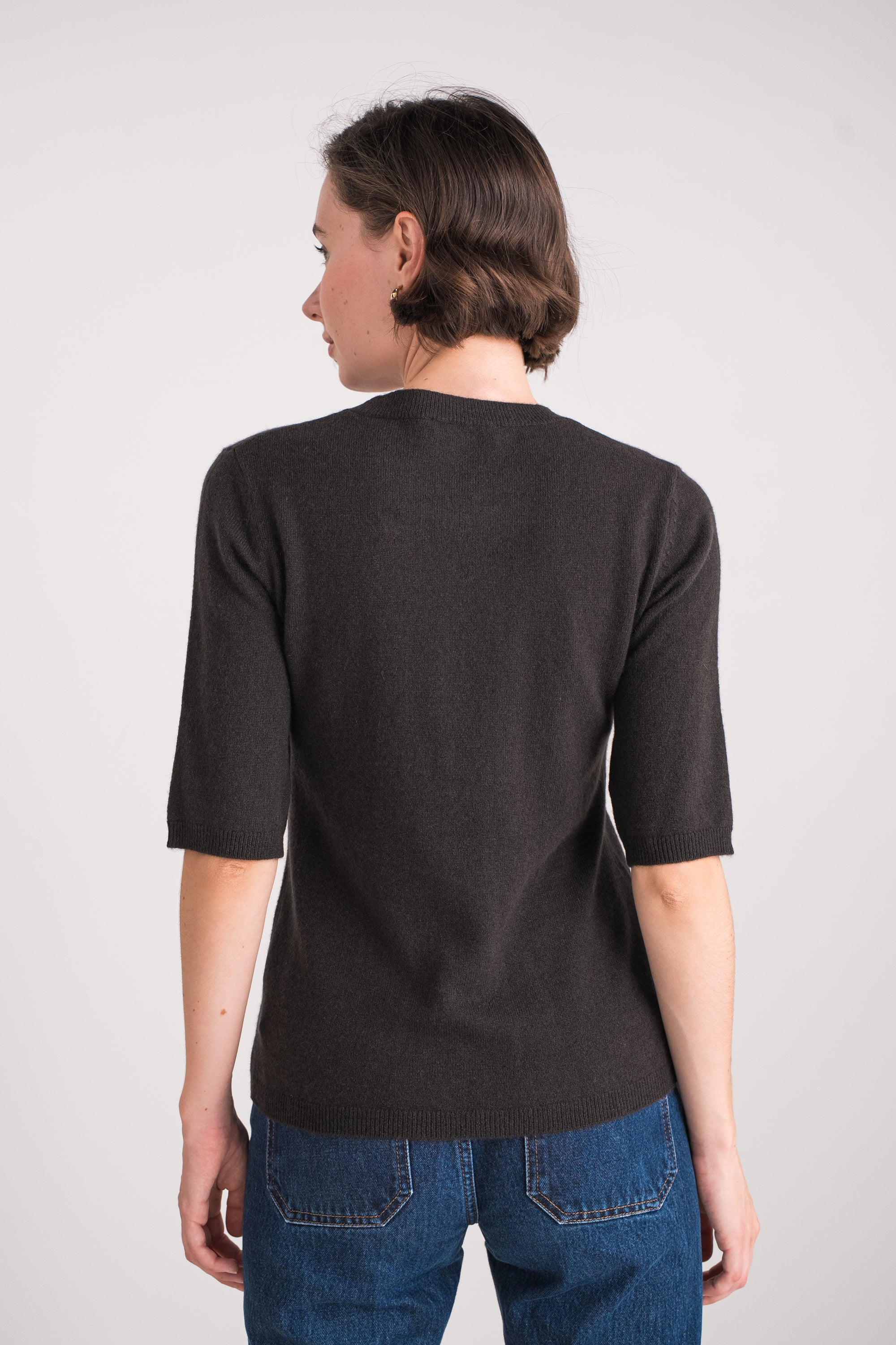Pull col rond manches aux coudes en cachemire