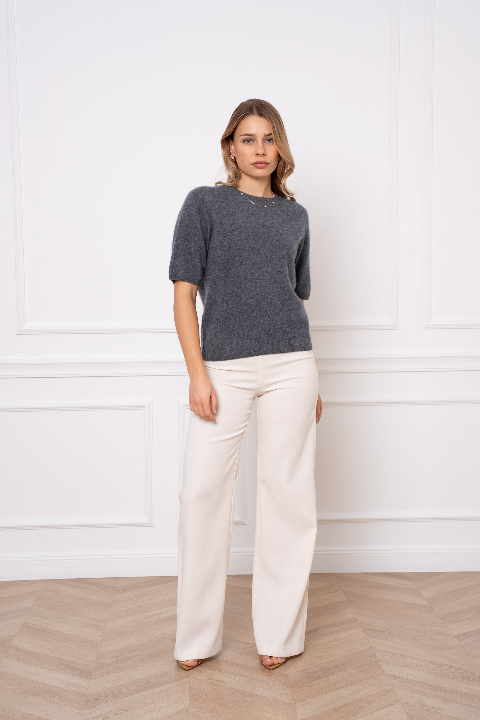 Pull laine & cachemire brossé col rond manches courtes