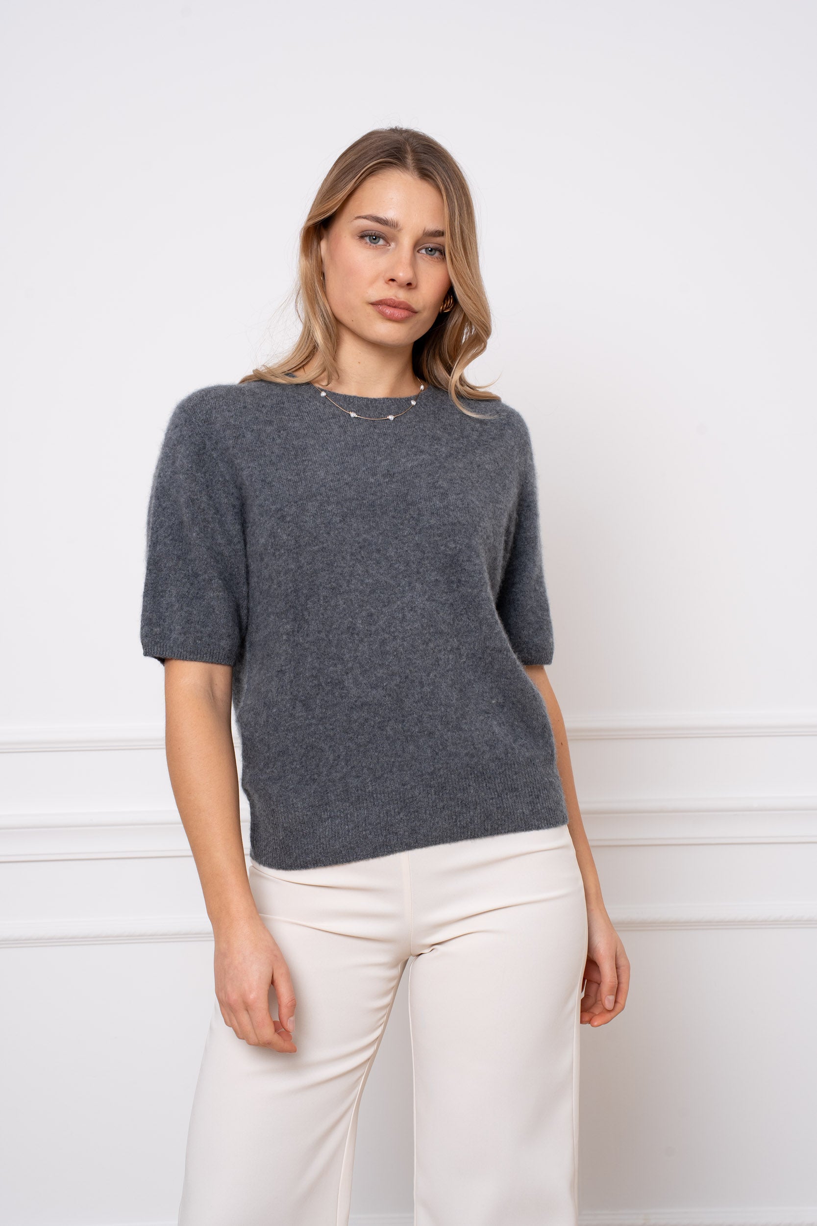 Pull laine & cachemire brossé col rond manches courtes