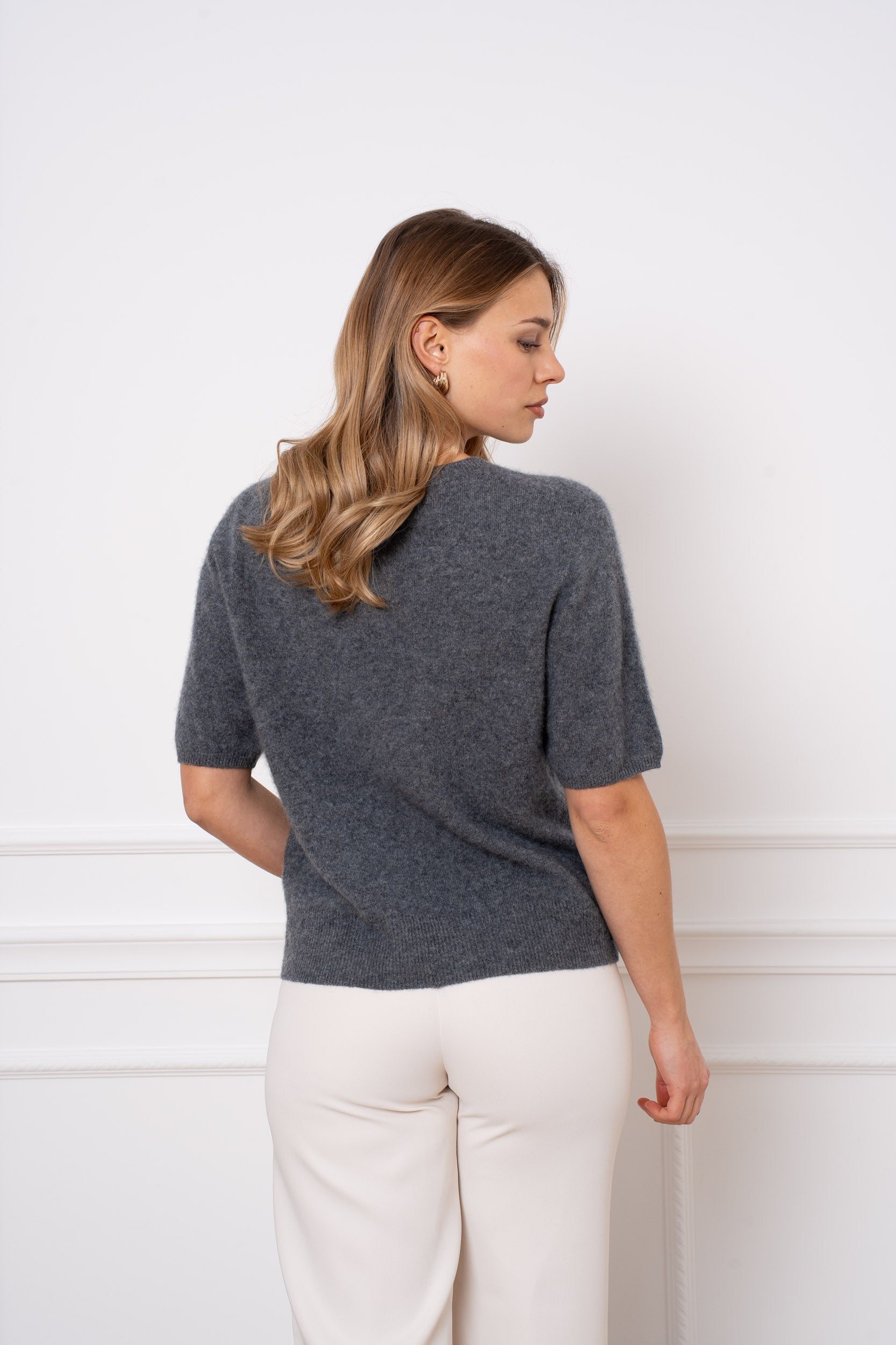 Pull laine & cachemire brossé col rond manches courtes