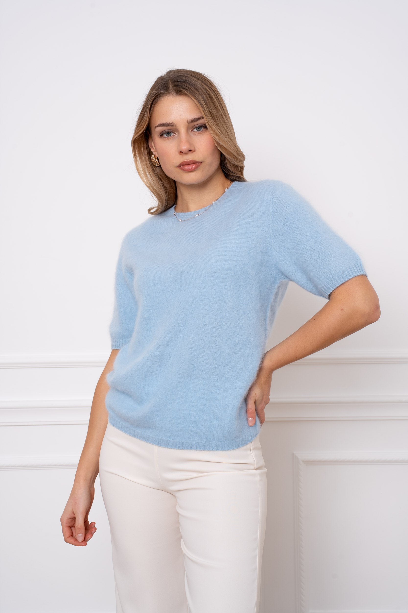 Pull laine & cachemire brossé col rond manches courtes