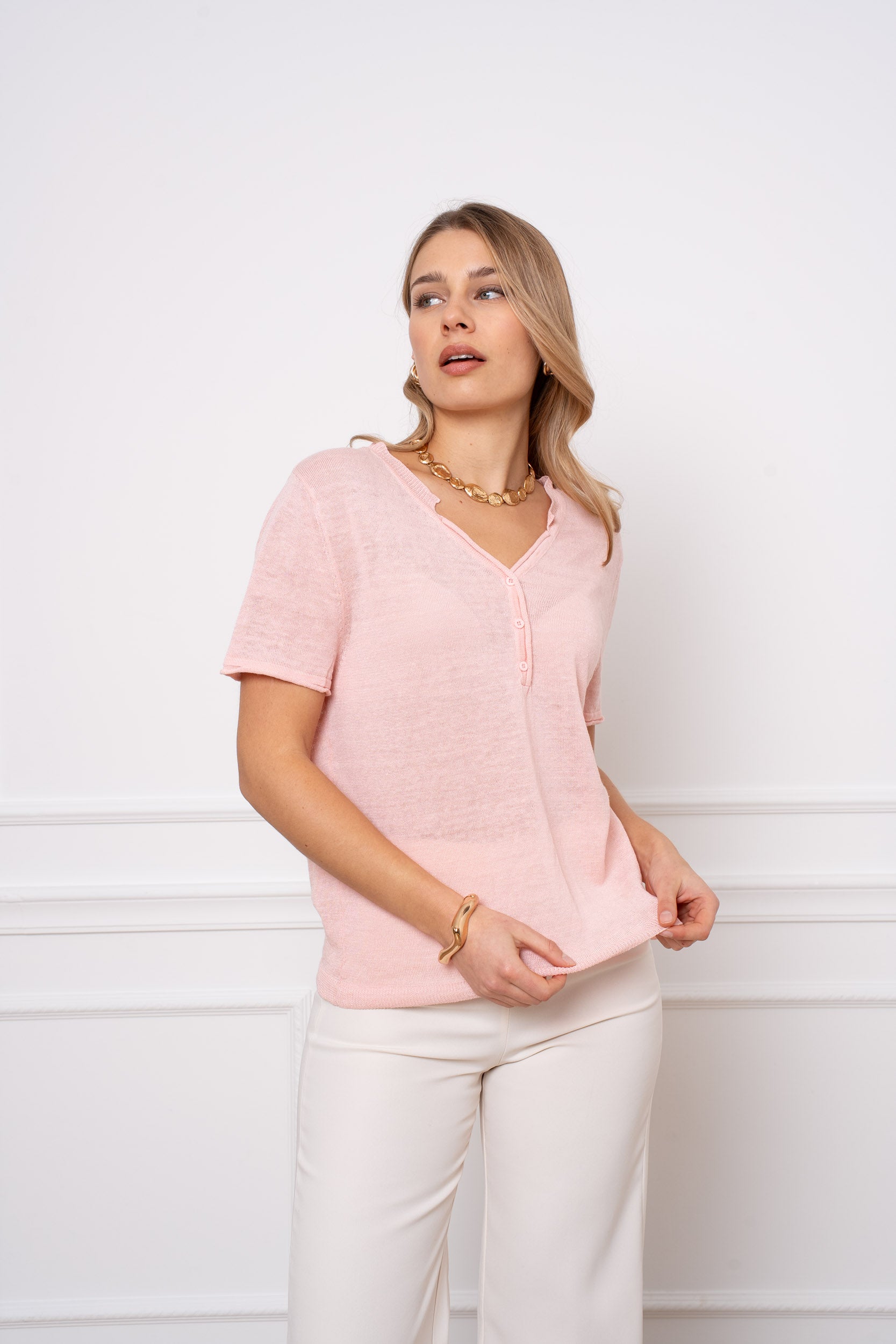 T-shirt col tunisien en lin tricoté