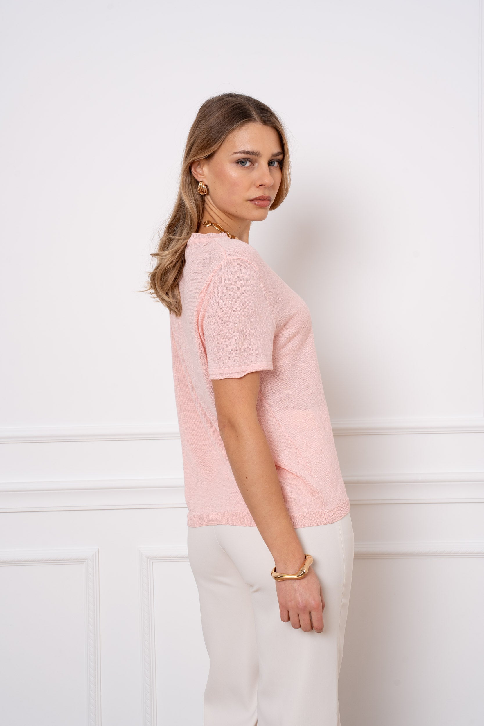 T-shirt col tunisien en lin tricoté