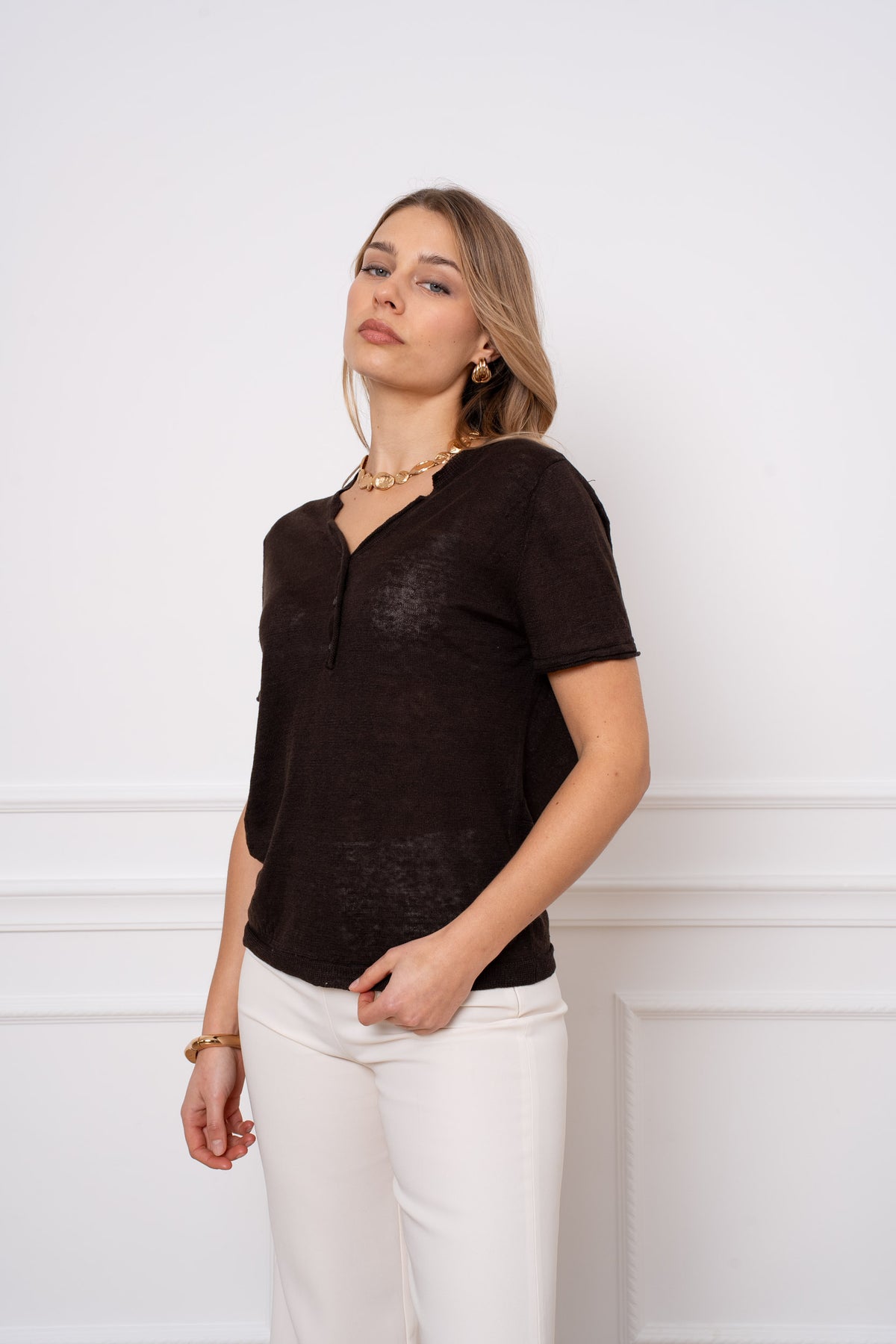 T-shirt col tunisien en lin tricoté