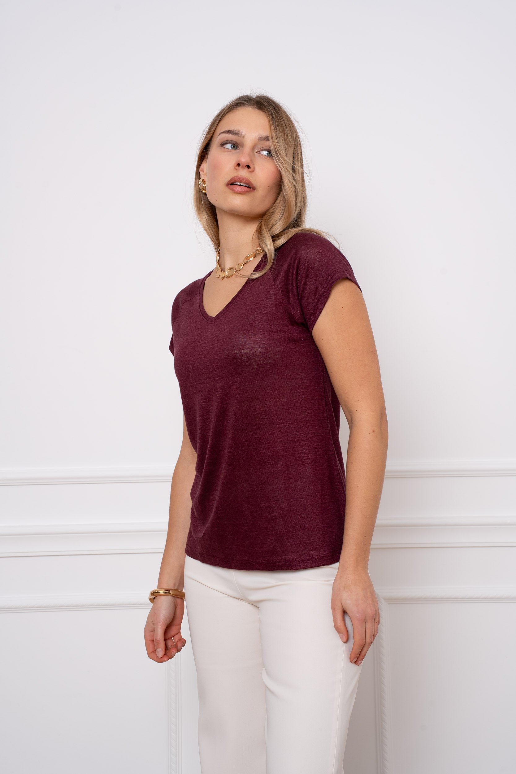 T-shirt V manche raglan en lin