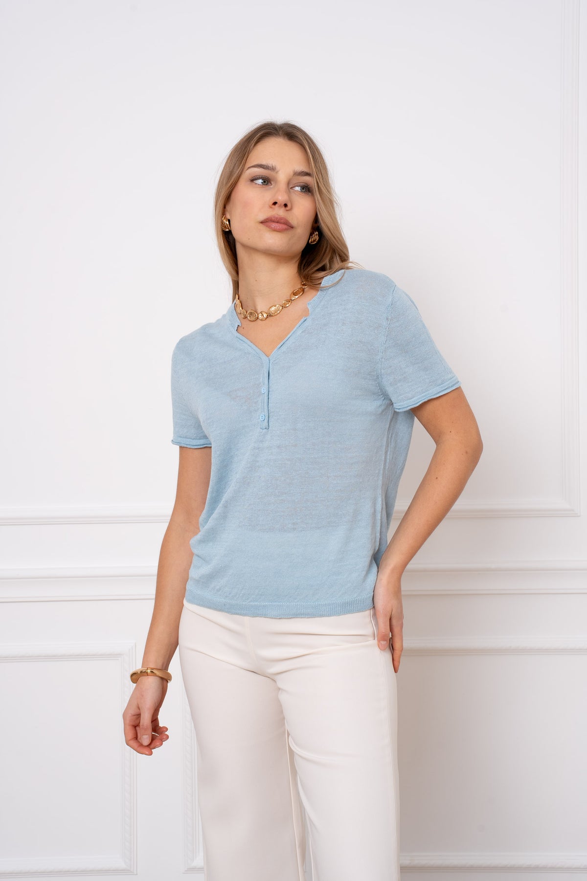 T-shirt col tunisien en lin tricoté