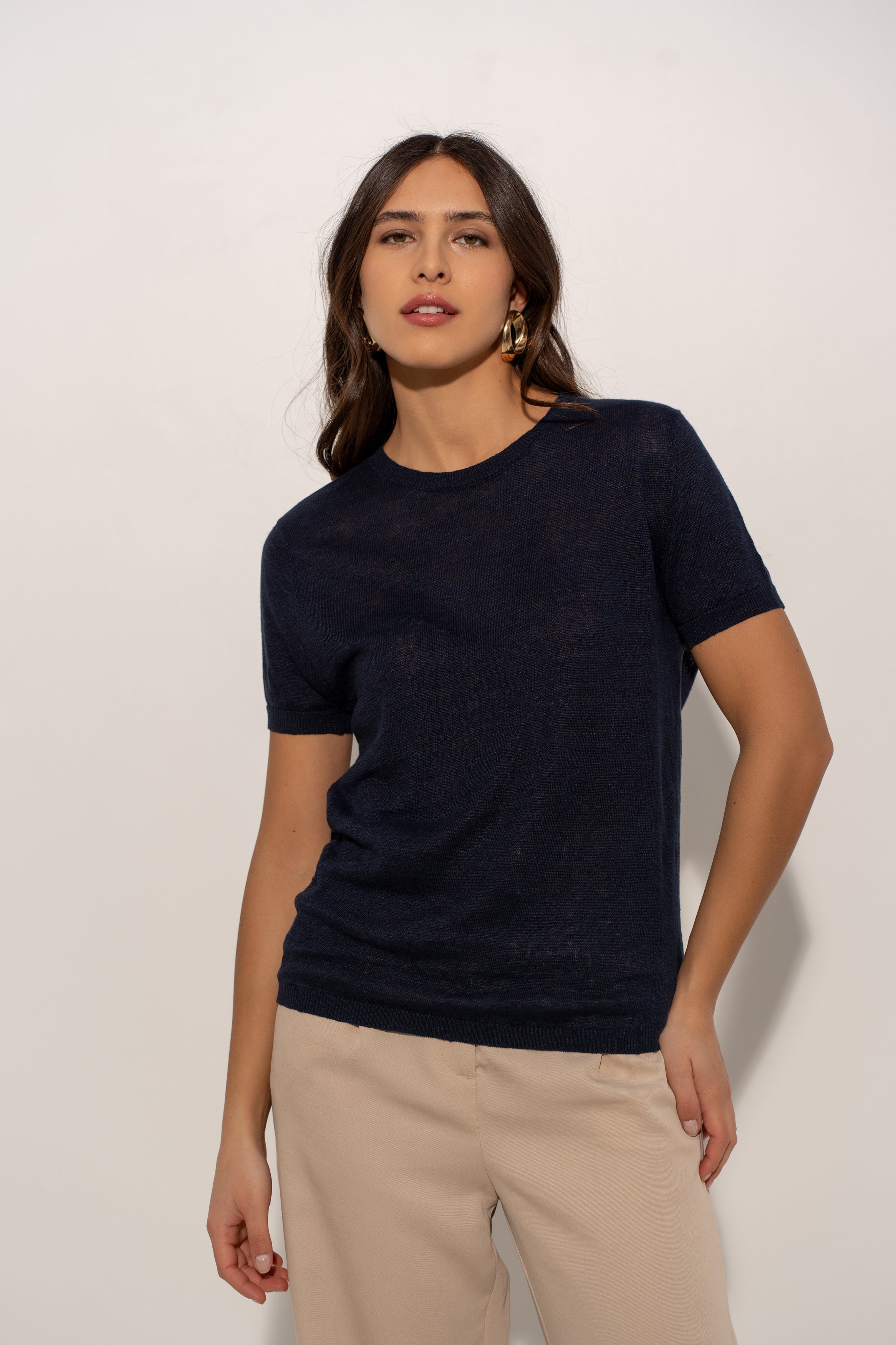 T-shirt col rond en lin tricoté