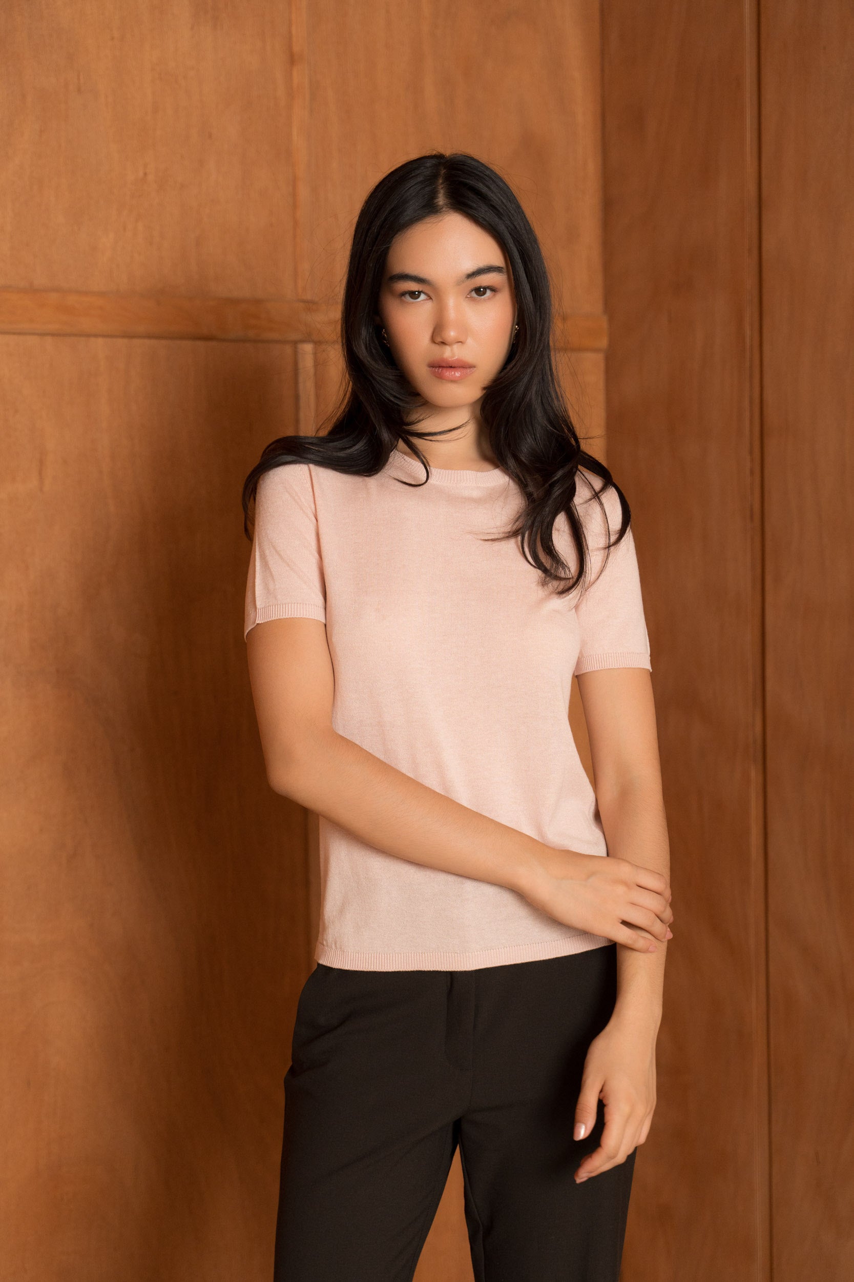 Pull soie & cachemire col rond manches courtes