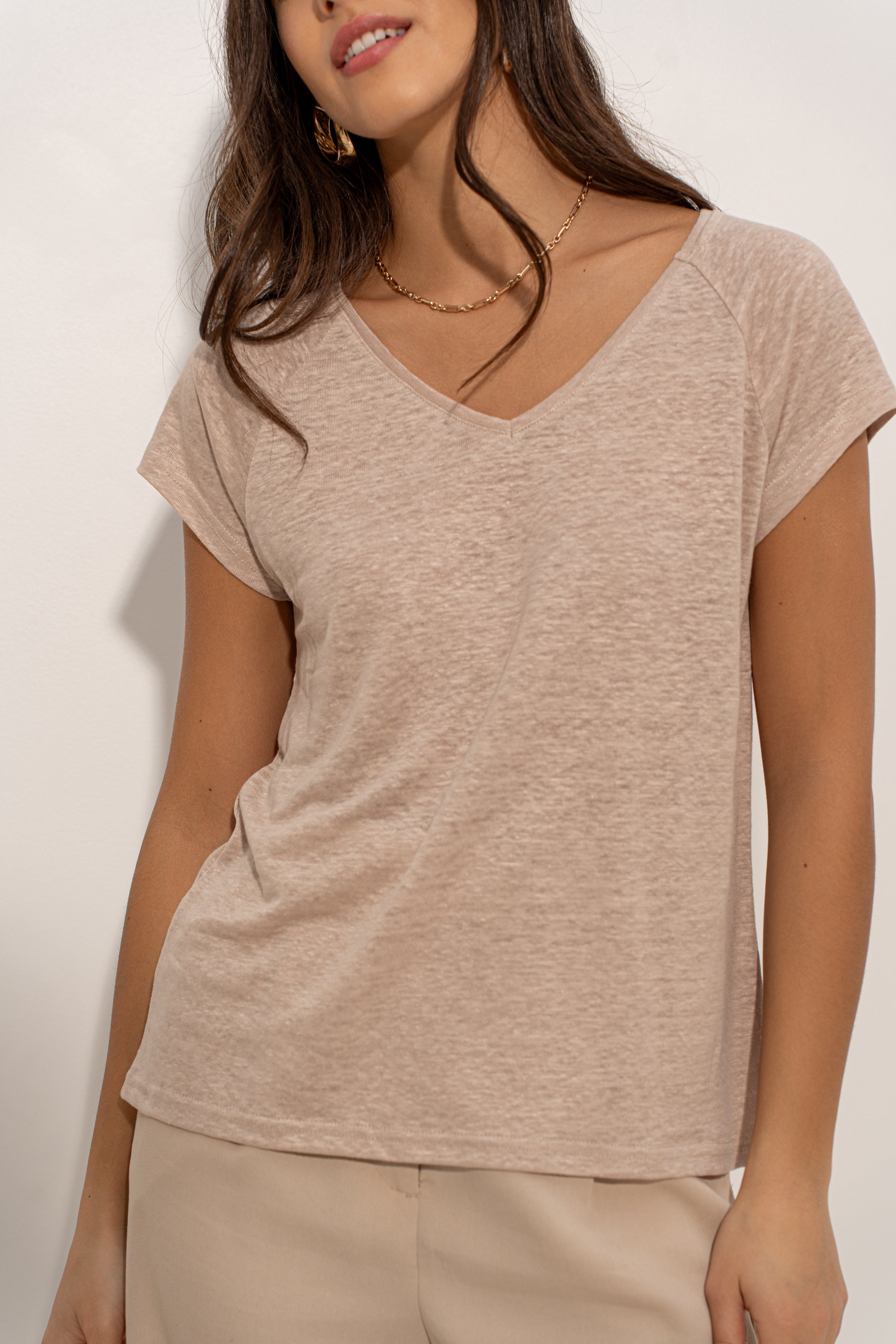 T-shirt V manche raglan en lin