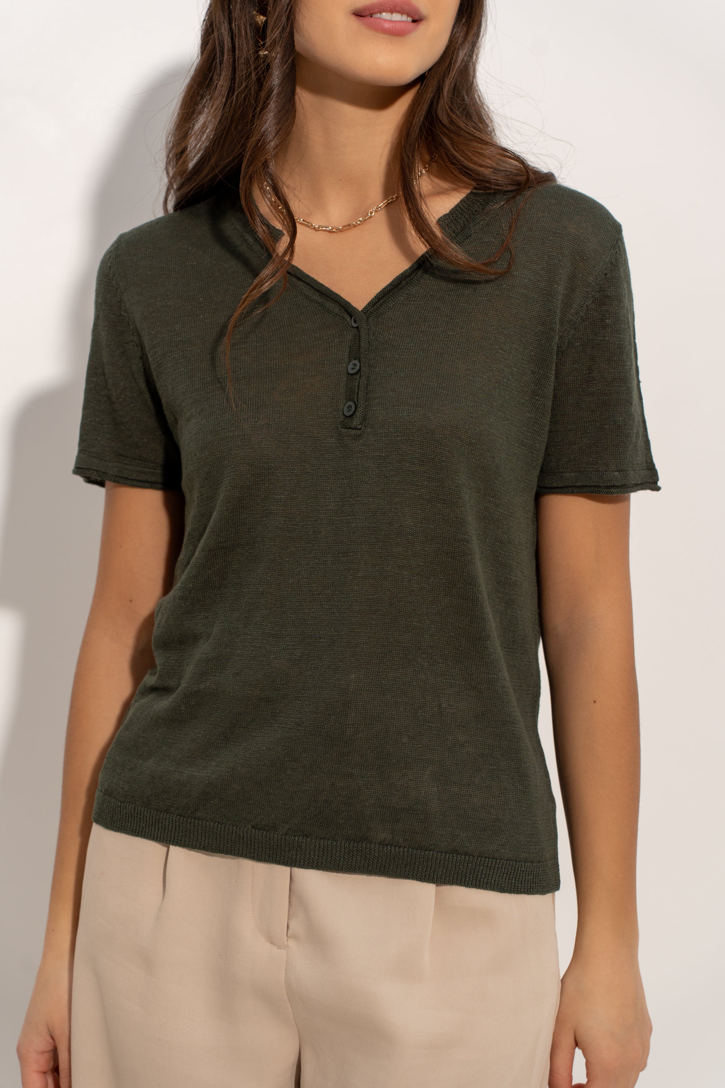 T-shirt col tunisien en lin tricoté