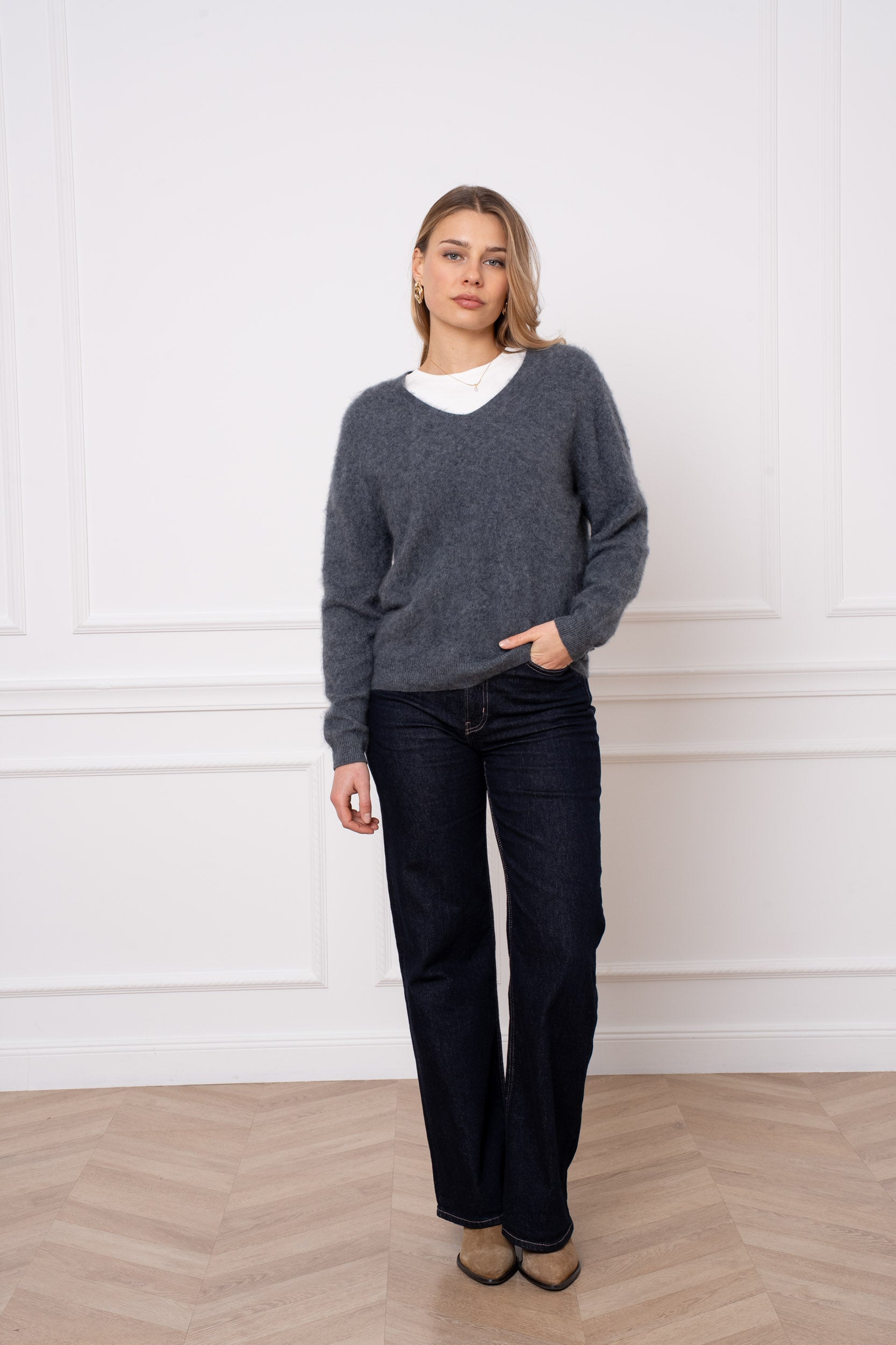 Pull laine & cachemire brossé col V