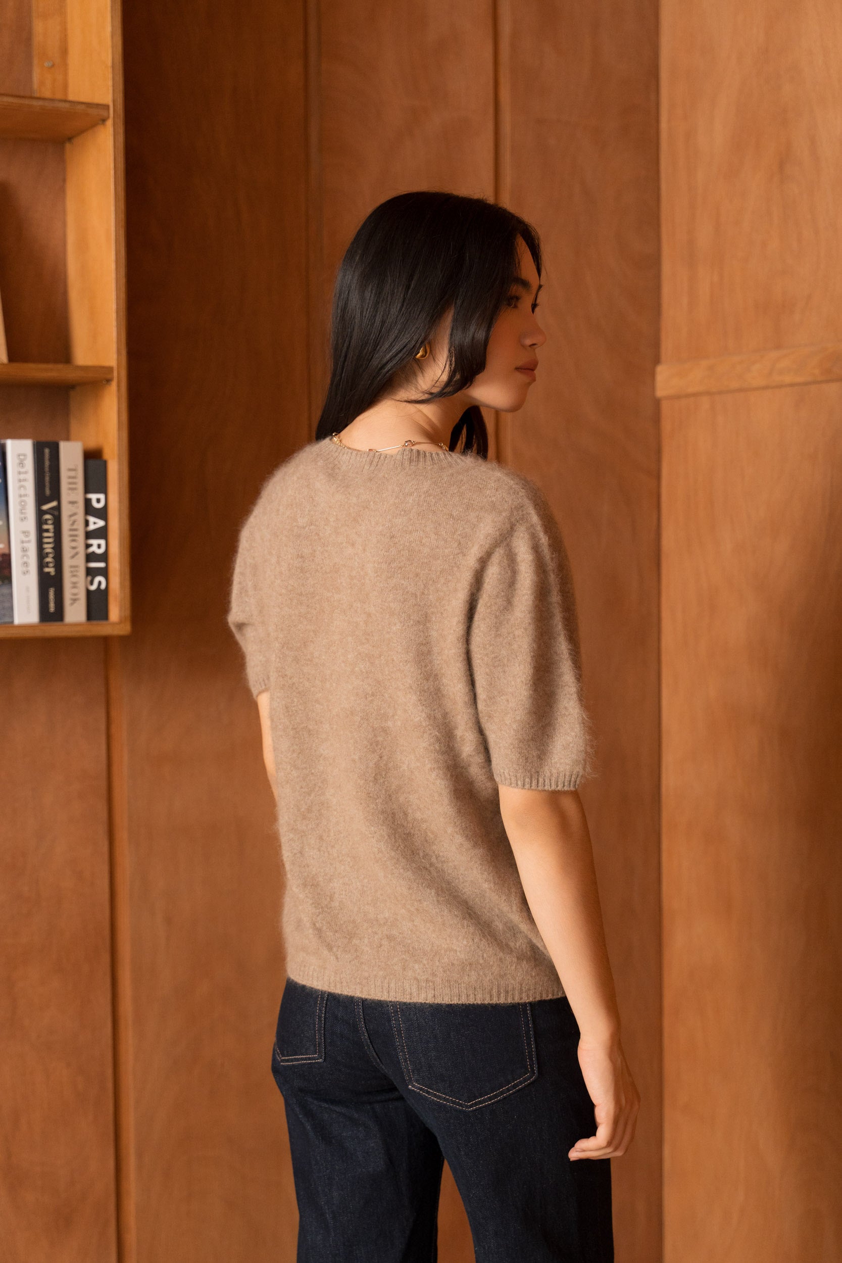 Pull laine & cachemire brossé col rond manches courtes