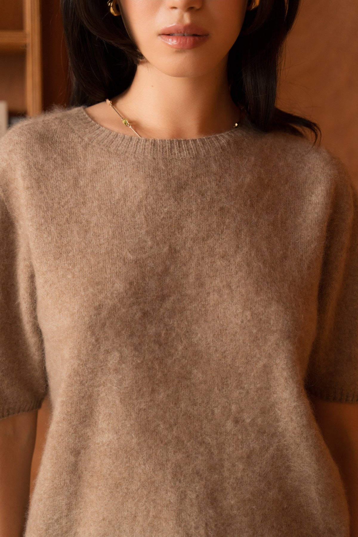 Pull laine & cachemire brossé col rond manches courtes