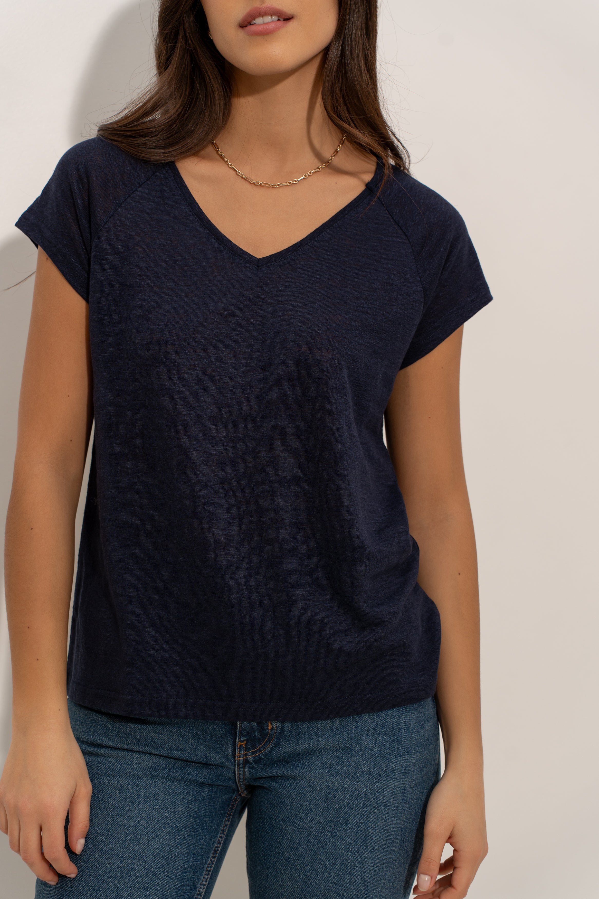 T-shirt V manche raglan en lin