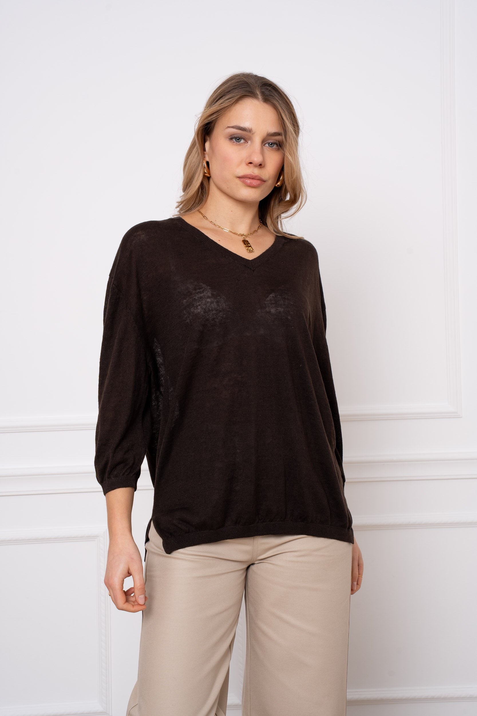 Pull V oversize en lin tricoté