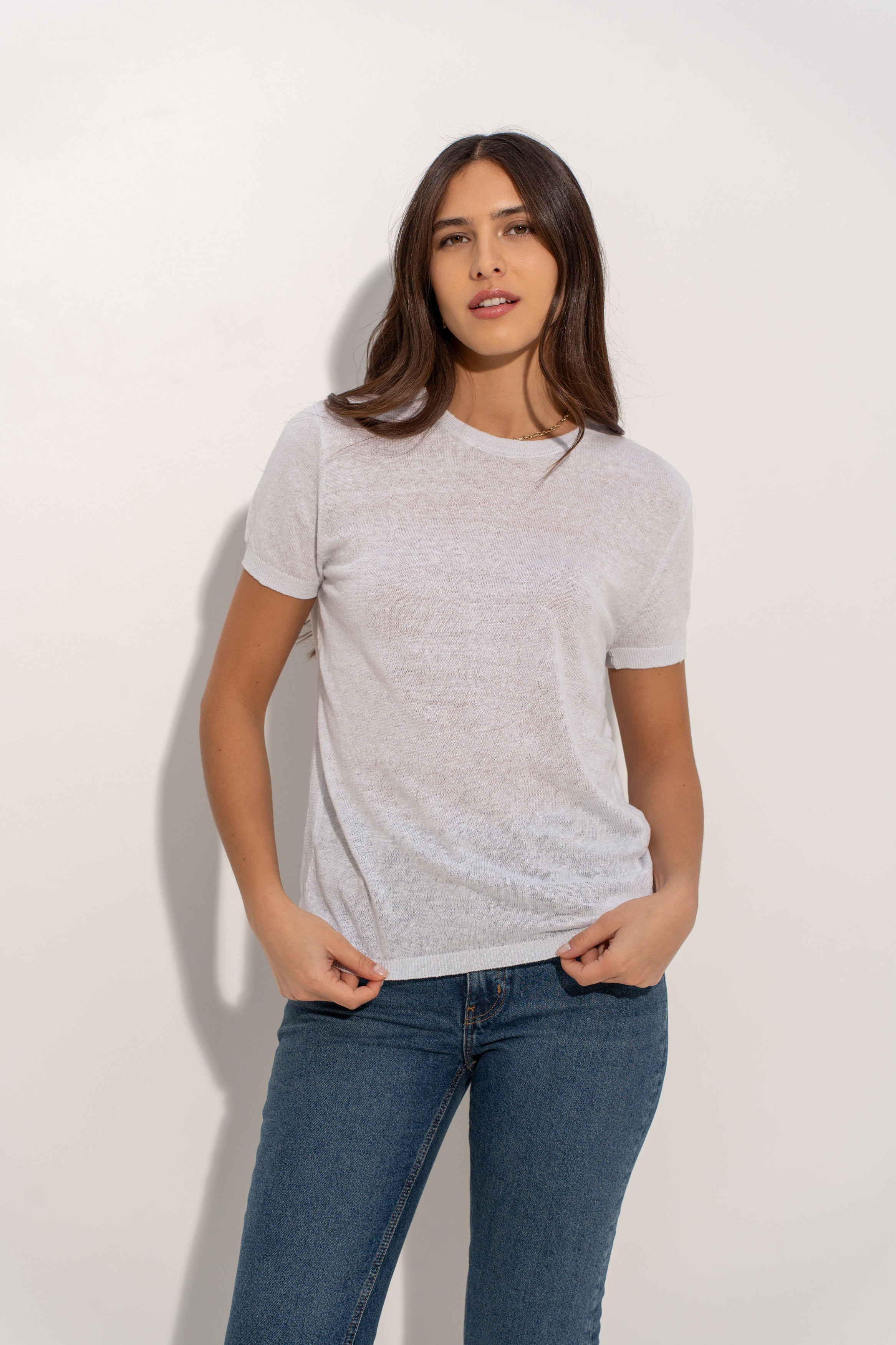 T-shirt col rond en lin tricoté