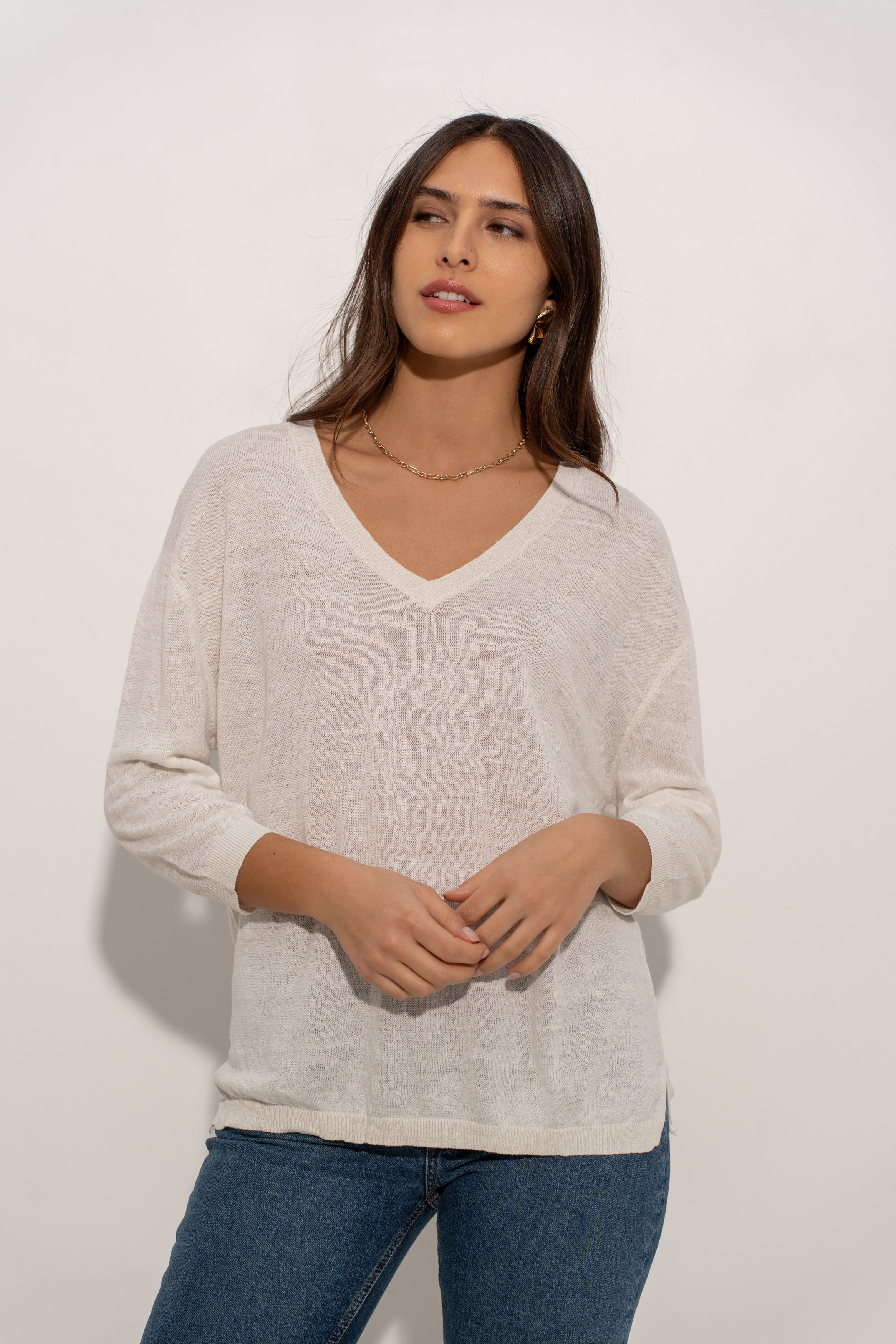 Pull V oversize en lin tricoté