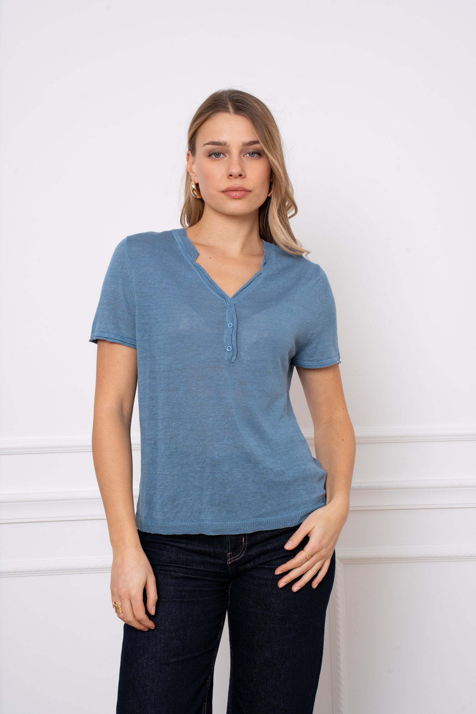 T-shirt col tunisien en lin tricoté