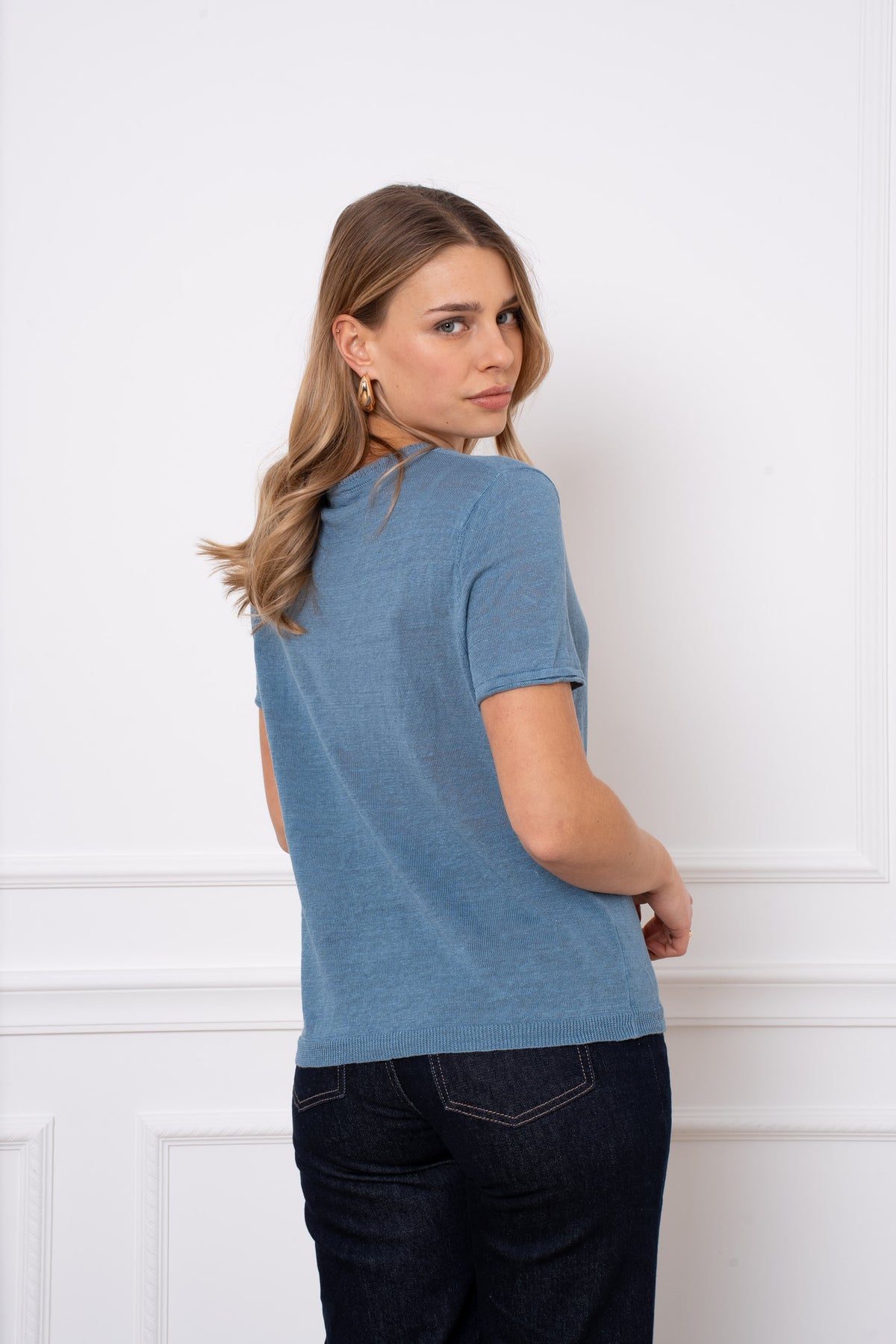 T-shirt col tunisien en lin tricoté