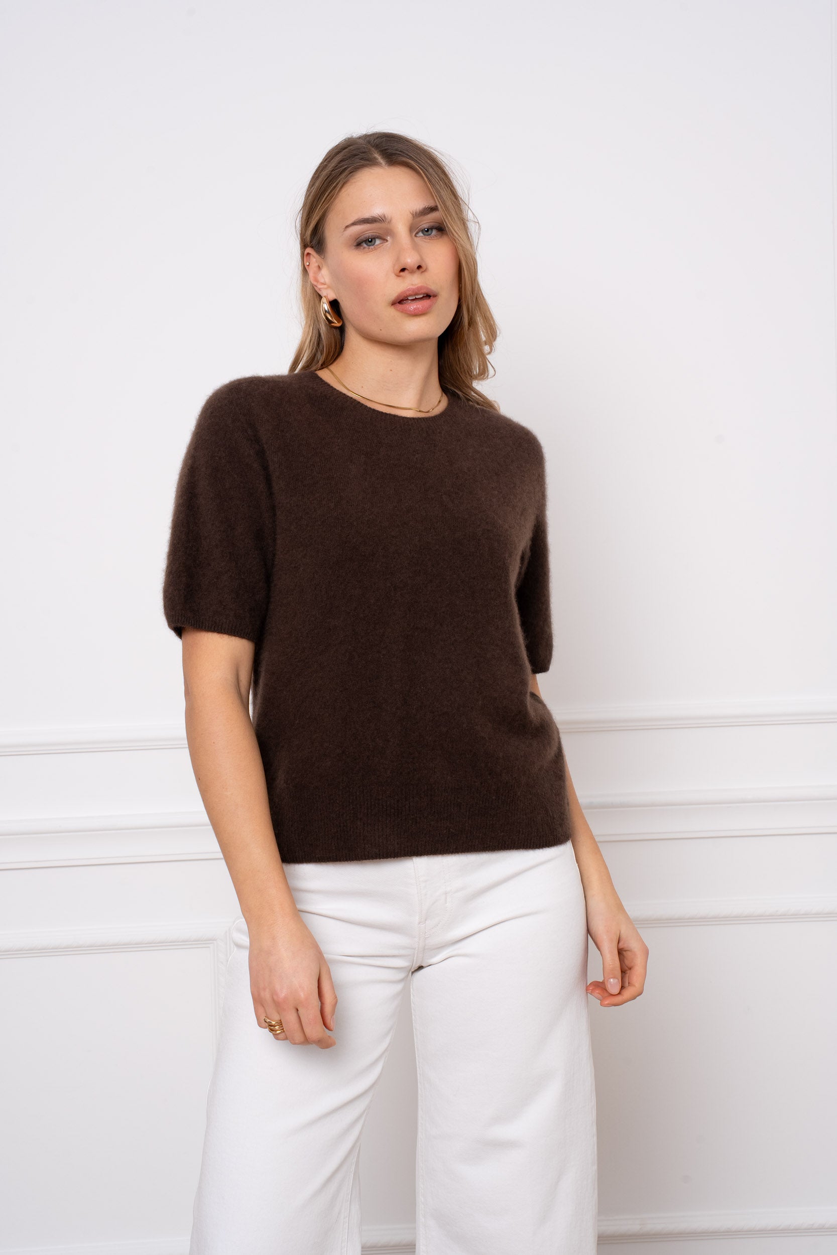 Pull laine & cachemire brossé col rond manches courtes