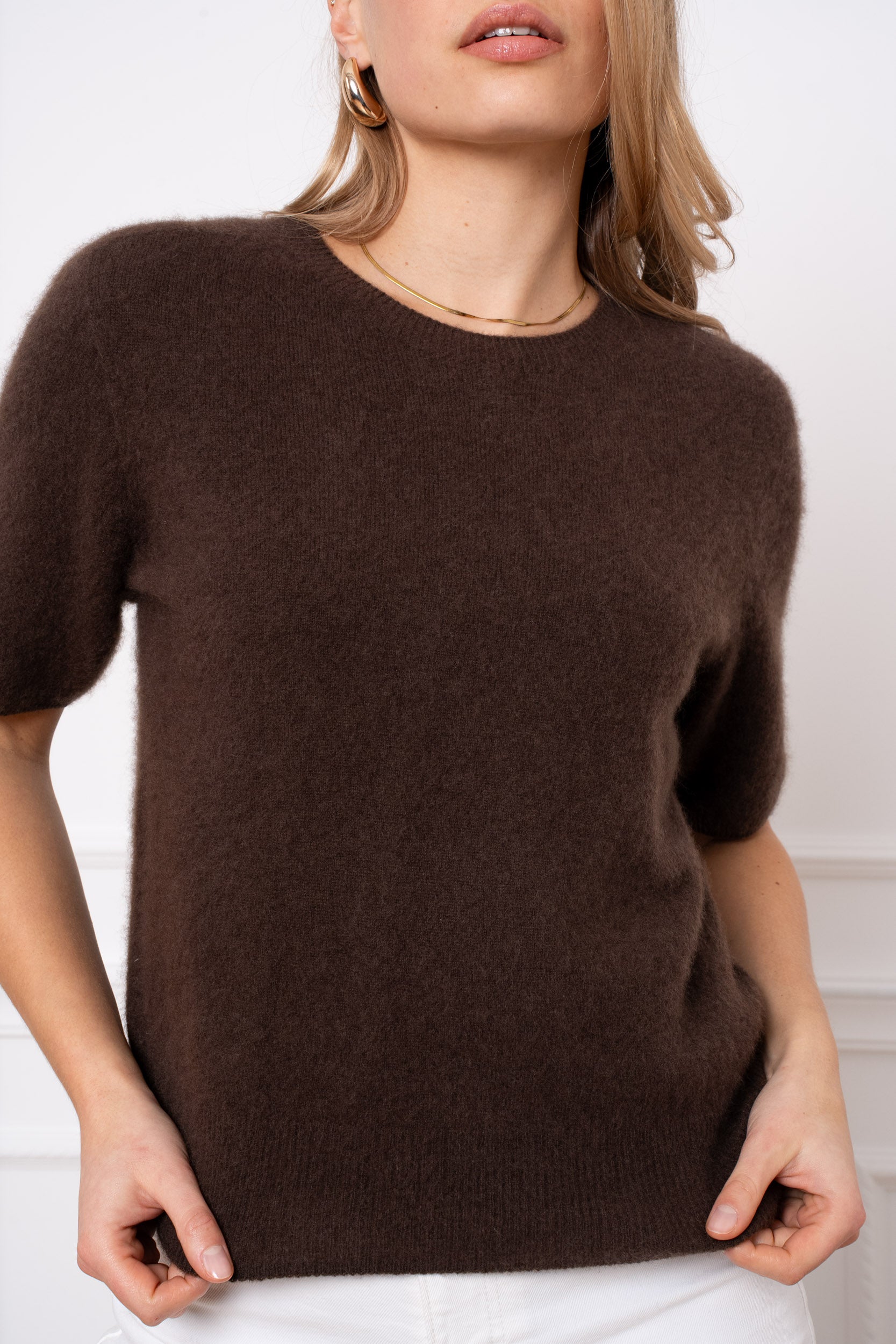 Pull laine & cachemire brossé col rond manches courtes