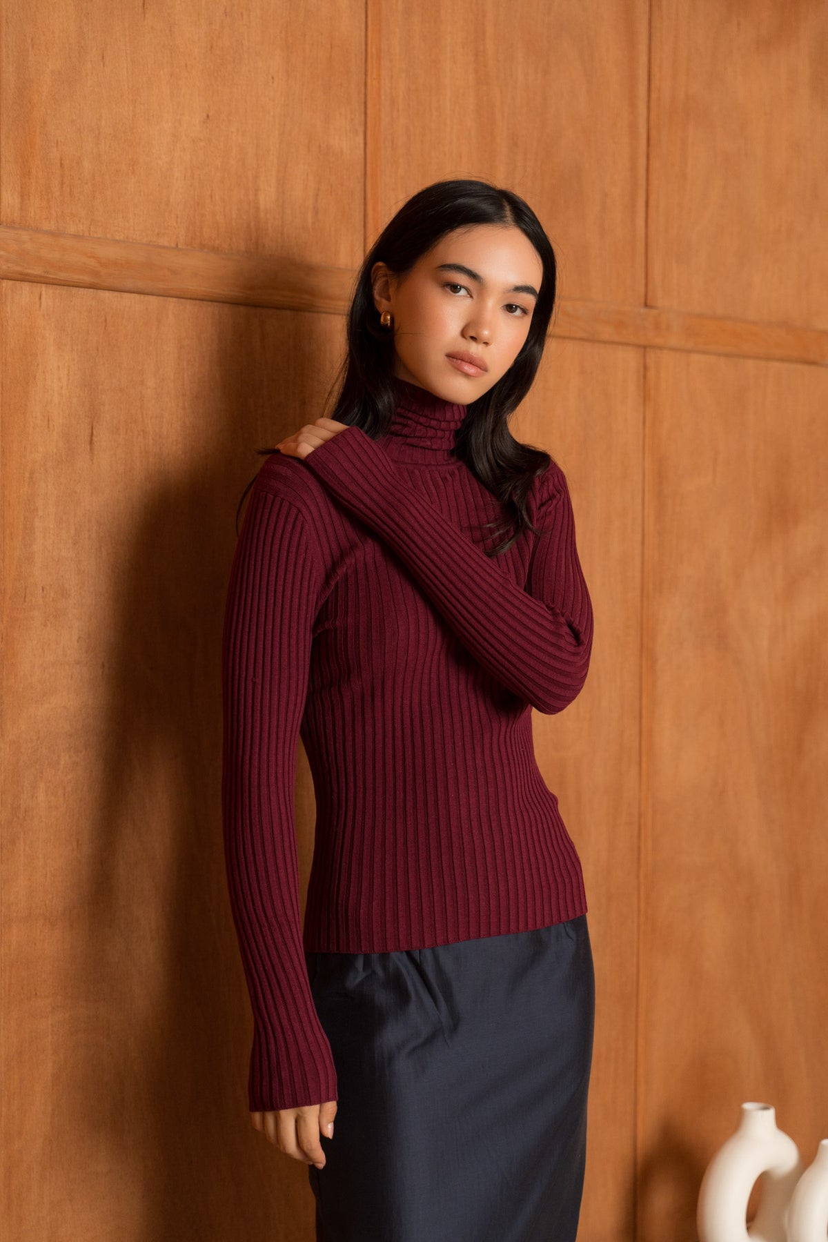 Pull soie stretch col roulé côtelé