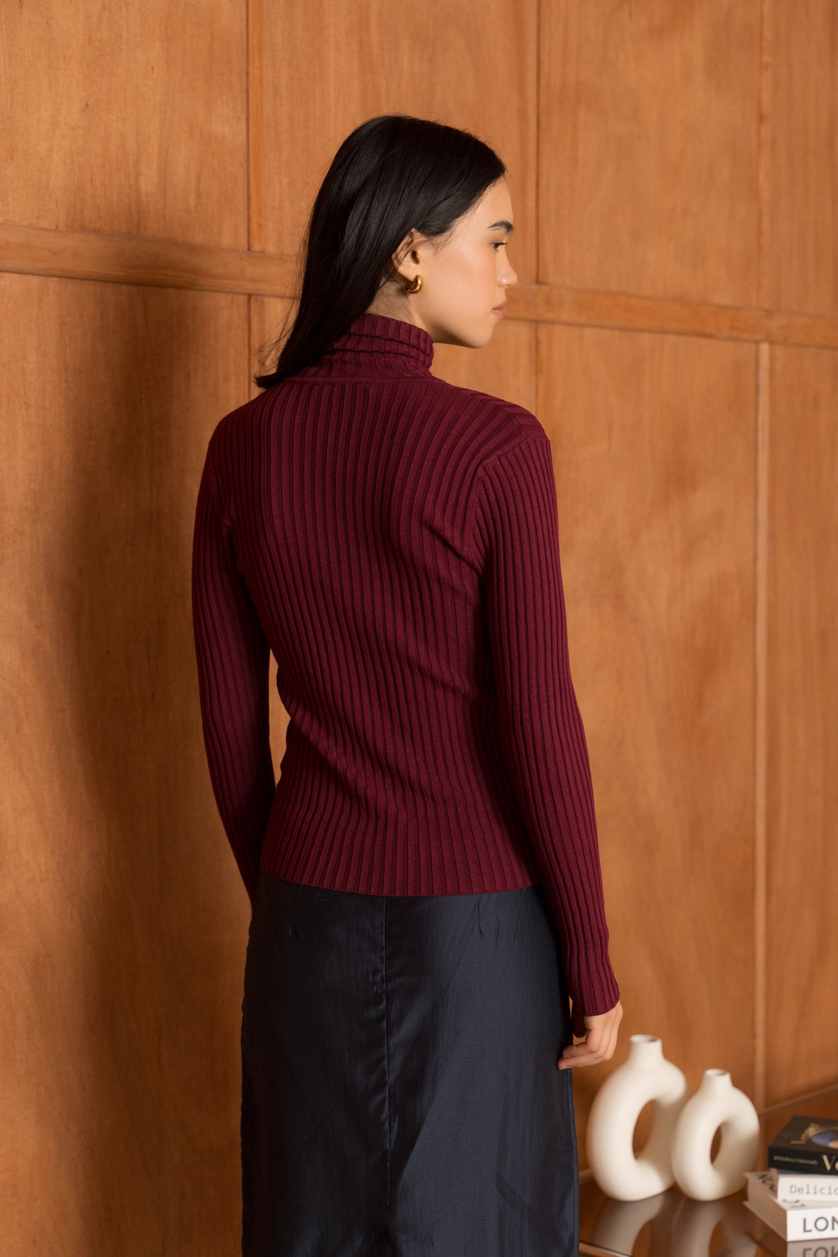 Pull soie stretch col roulé côtelé